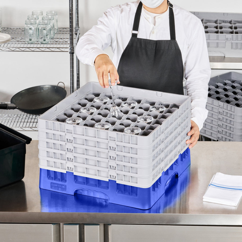 Clean Tek Professional Blue Glass Rack - 49 Compartments, 1 Full Drop and 4 Half Drop Extenders - 19 3/4" x 19 3/4" x 12 1/4" - 1 count box