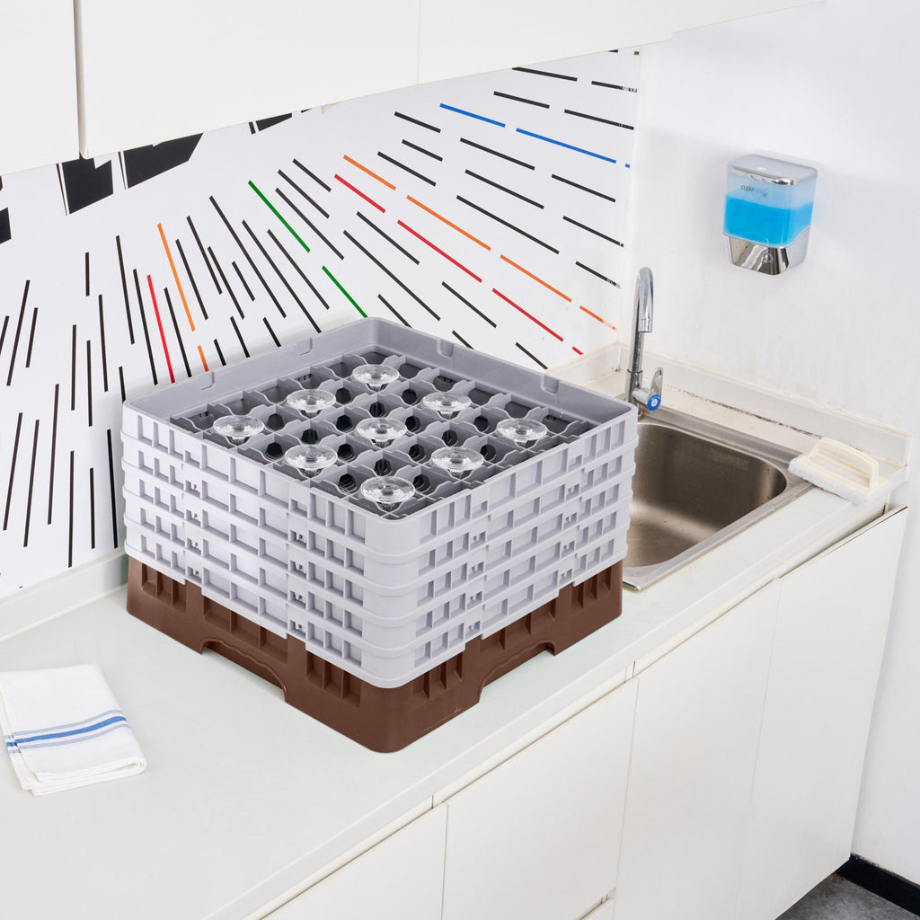 Clean Tek Professional Brown Glass Rack - 49 Compartments, 1 Full Drop and 4 Half Drop Extenders - 19 3/4" x 19 3/4" x 12 1/4" - 1 count box