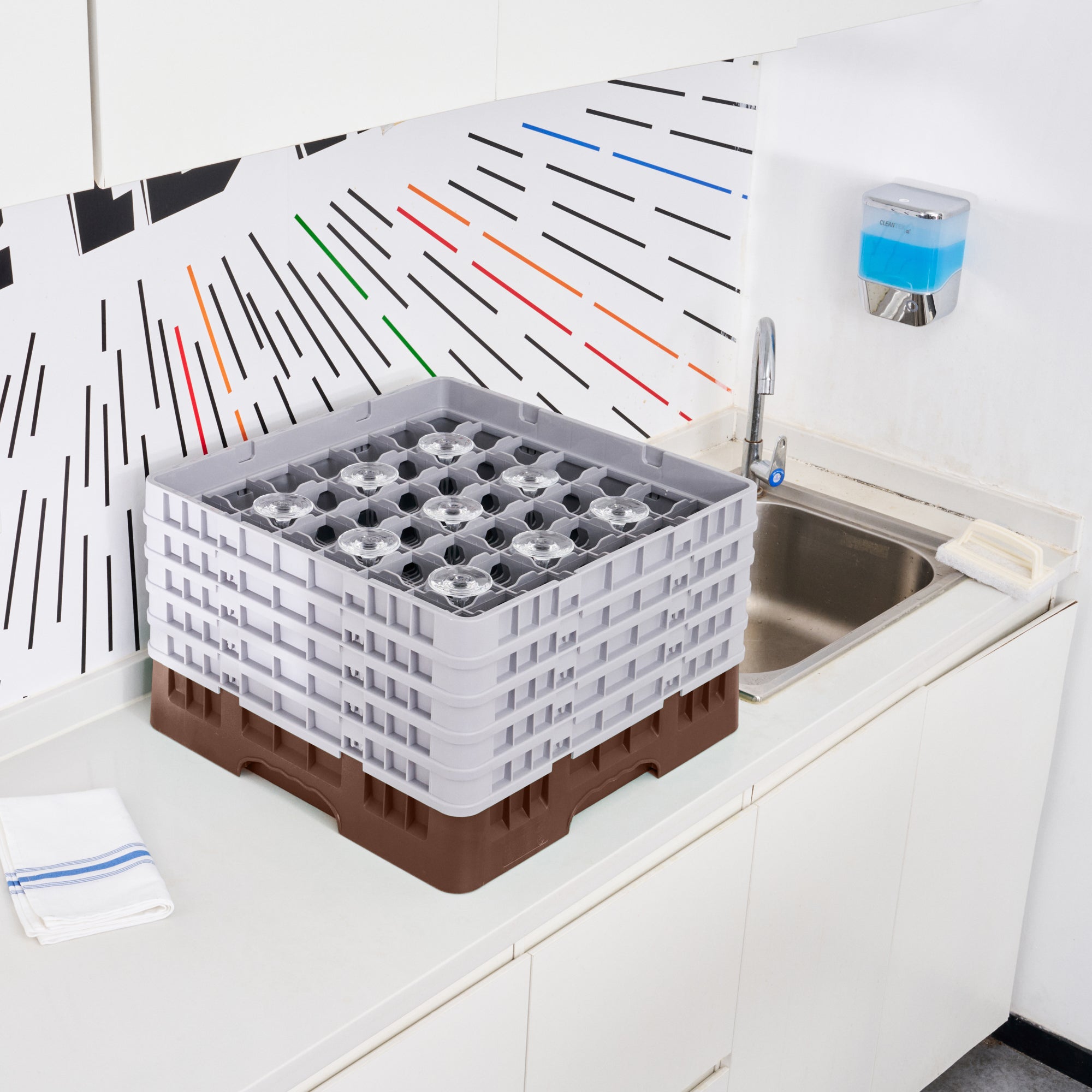 Clean Tek Professional Brown Glass Rack - 49 Compartments, 1 Full Drop and 4 Half Drop Extenders - 19 3/4" x 19 3/4" x 12 1/4" - 1 count box