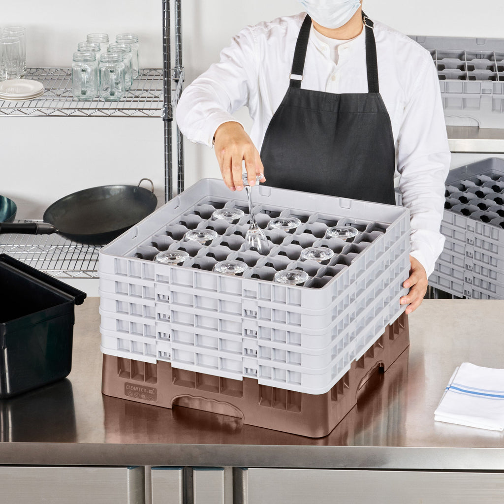 Clean Tek Professional Brown Glass Rack - 49 Compartments, 1 Full Drop and 4 Half Drop Extenders - 19 3/4" x 19 3/4" x 12 1/4" - 1 count box