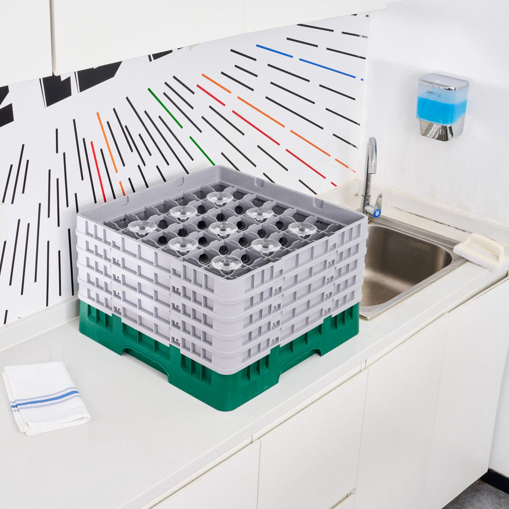 Clean Tek Professional Green Glass Rack - 49 Compartments, 1 Full Drop and 4 Half Drop Extenders - 19 3/4" x 19 3/4" x 12 1/4" - 1 count box
