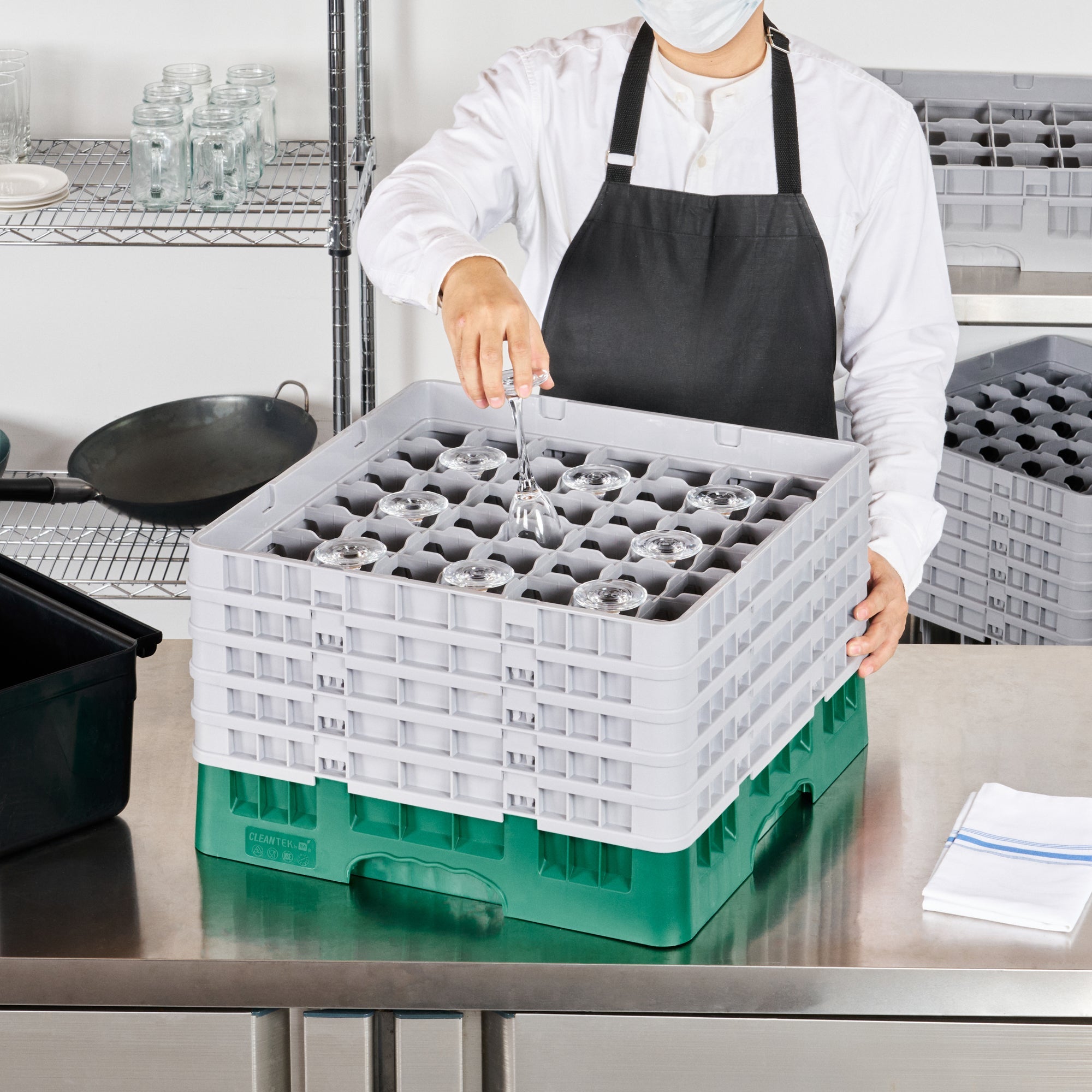 Clean Tek Professional Green Glass Rack - 49 Compartments, 1 Full Drop and 4 Half Drop Extenders - 19 3/4" x 19 3/4" x 12 1/4" - 1 count box