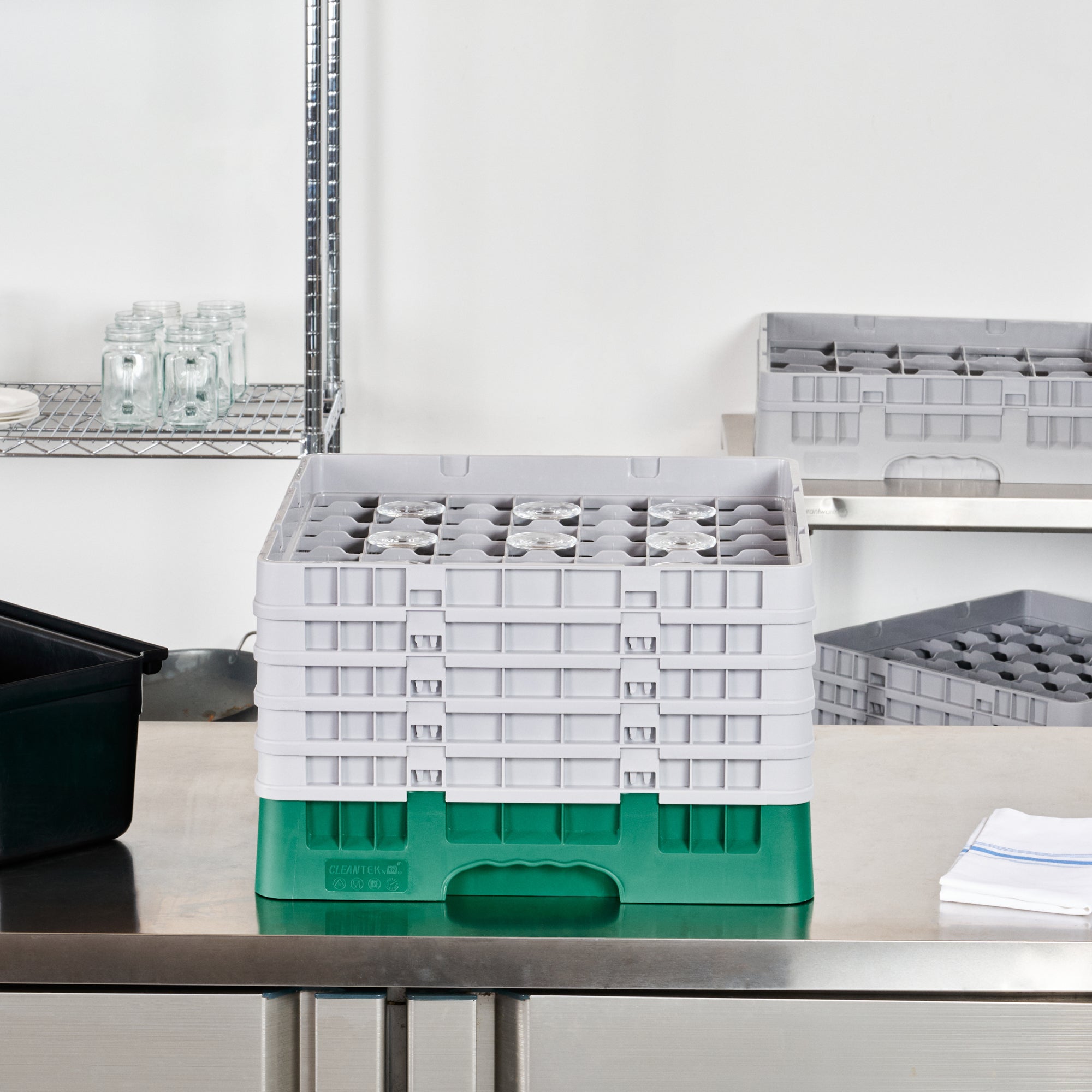 Clean Tek Professional Green Glass Rack - 49 Compartments, 1 Full Drop and 4 Half Drop Extenders - 19 3/4" x 19 3/4" x 12 1/4" - 1 count box