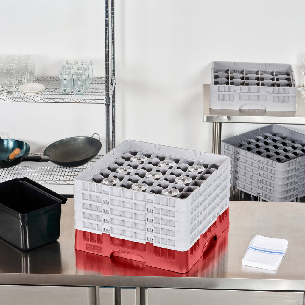 Clean Tek Professional Red Glass Rack - 49 Compartments, 1 Full Drop and 4 Half Drop Extenders - 19 3/4" x 19 3/4" x 12 1/4" - 1 count box