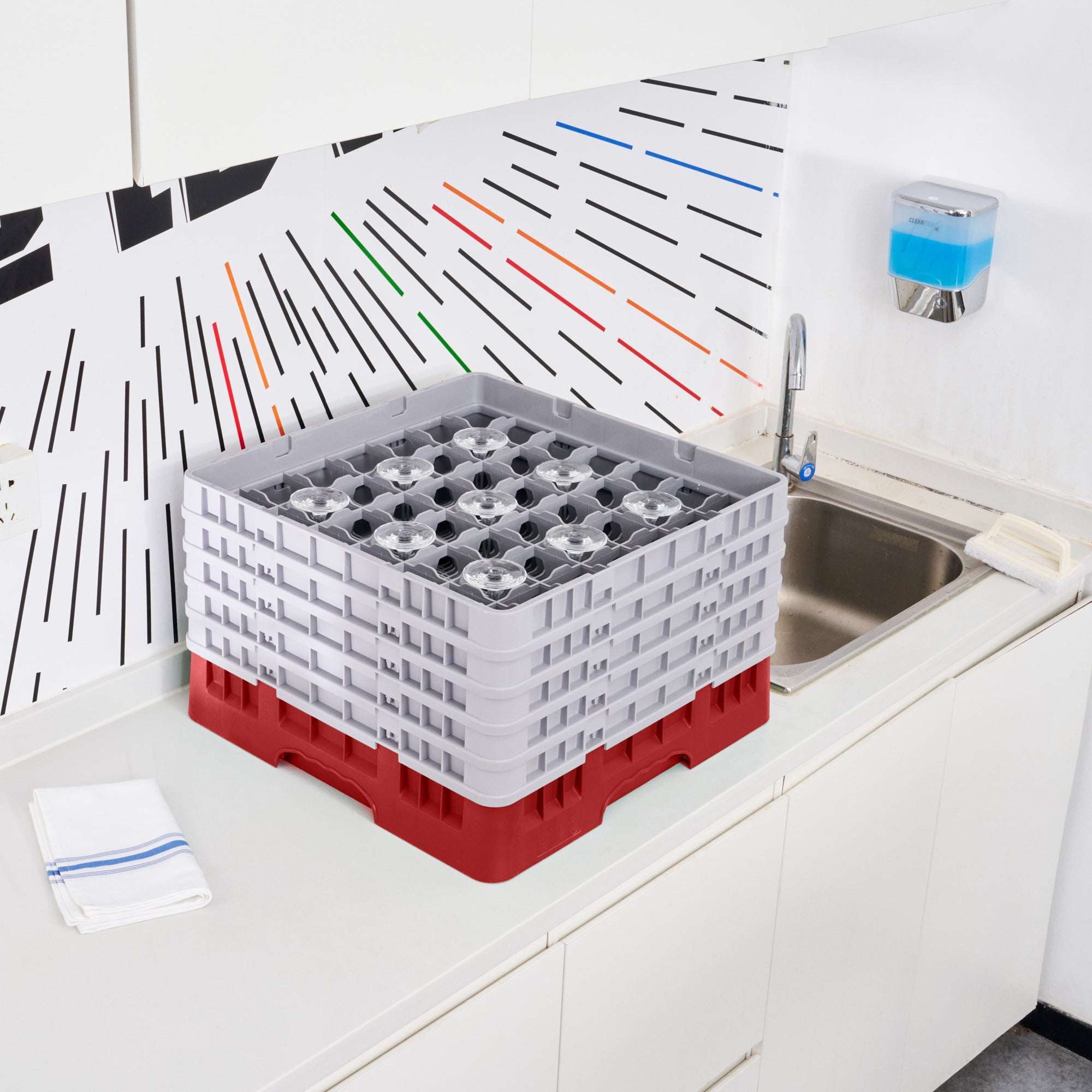 Clean Tek Professional Red Glass Rack - 49 Compartments, 1 Full Drop and 4 Half Drop Extenders - 19 3/4" x 19 3/4" x 12 1/4" - 1 count box