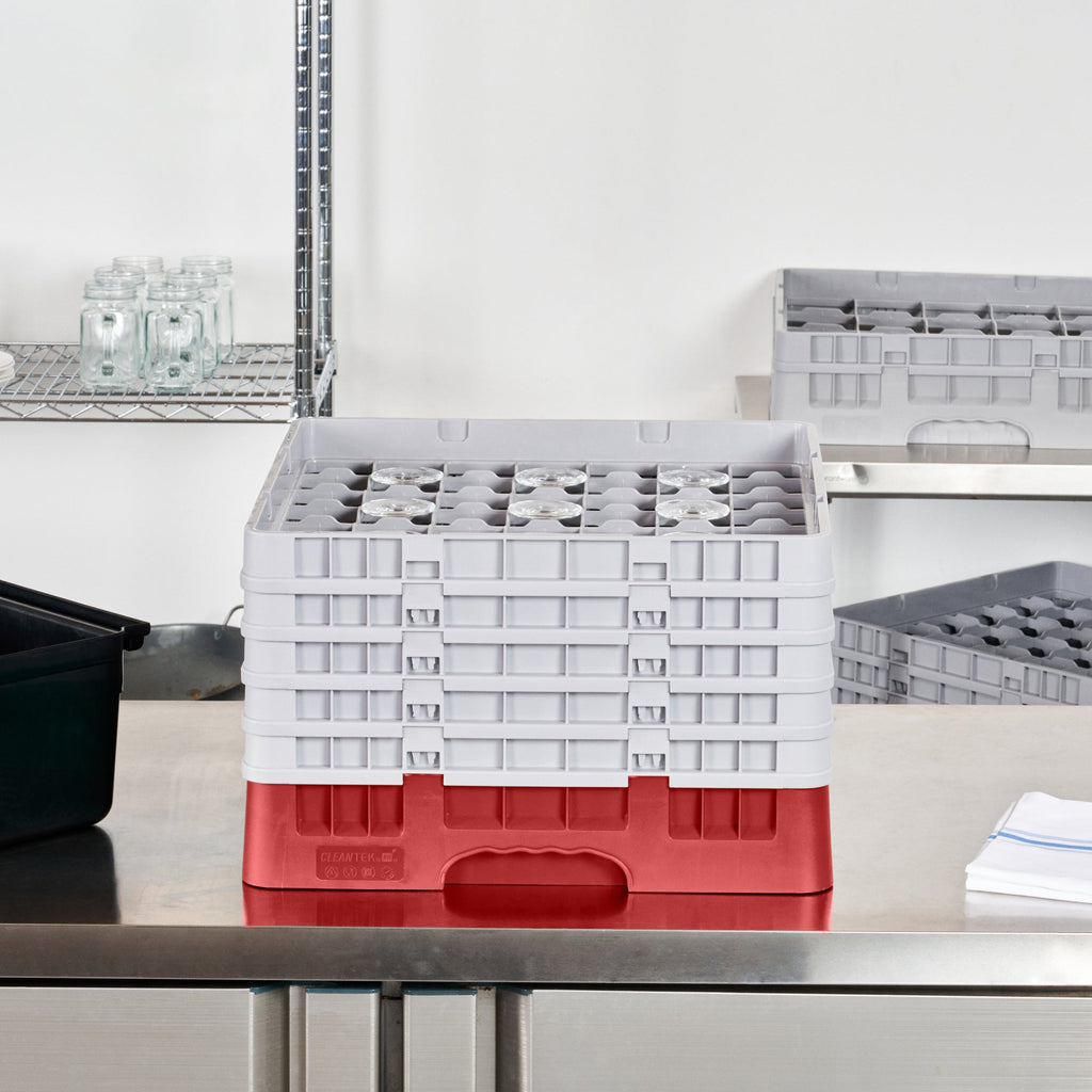 Clean Tek Professional Red Glass Rack - 49 Compartments, 1 Full Drop and 4 Half Drop Extenders - 19 3/4" x 19 3/4" x 12 1/4" - 1 count box
