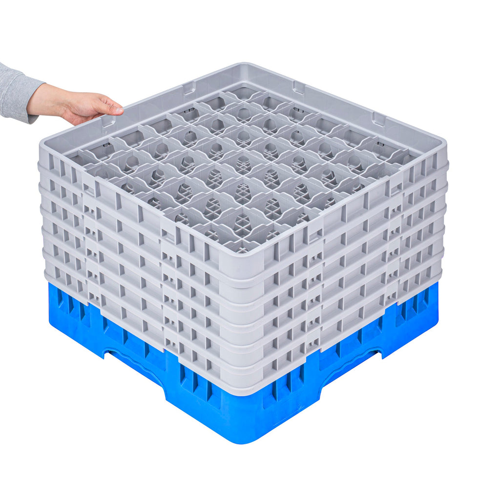 Clean Tek Professional Blue Glass Rack - 49 Compartments, 1 Full Drop and 5 Half Drop Extenders - 19 3/4" x 19 3/4" x 13 3/4" - 1 count box
