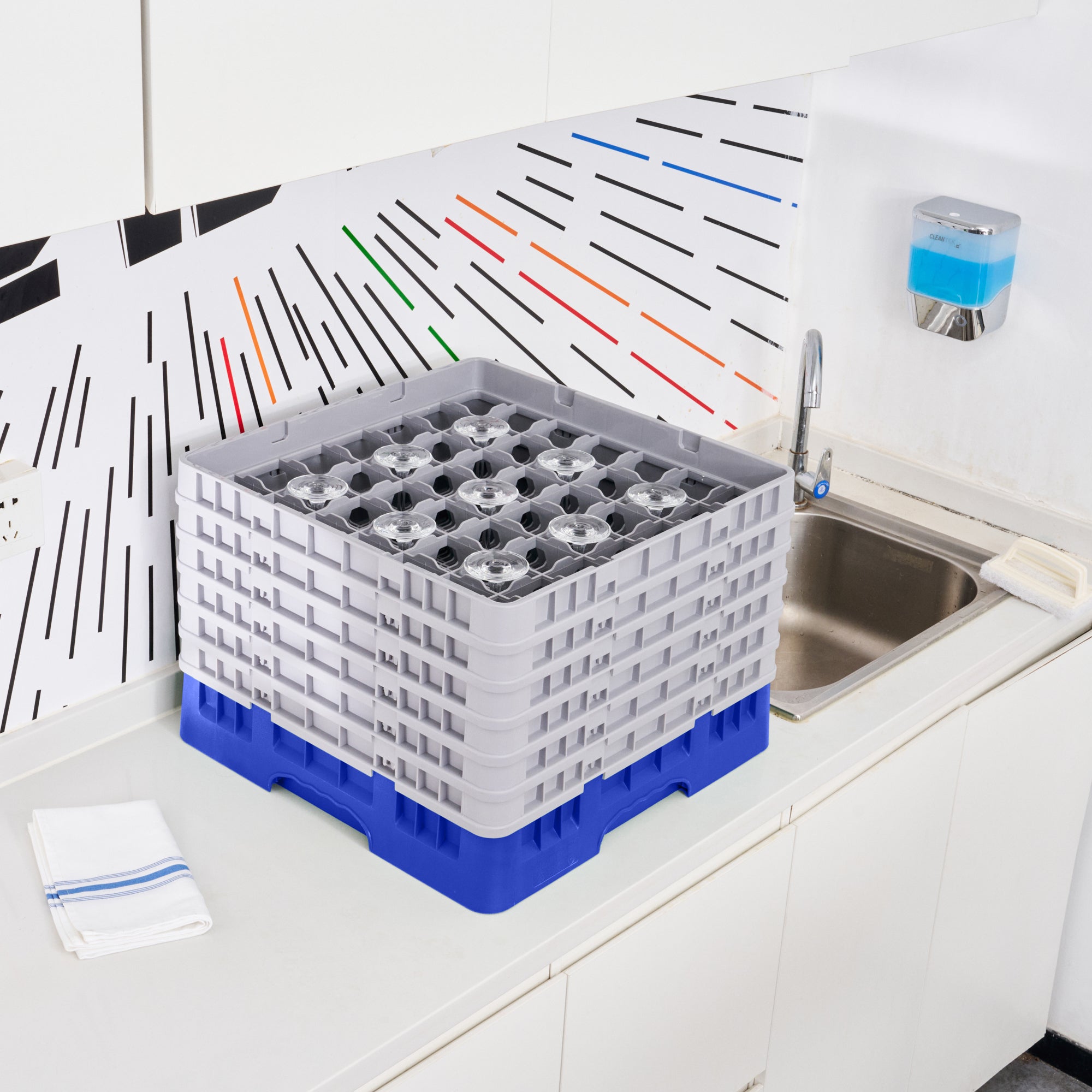Clean Tek Professional Blue Glass Rack - 49 Compartments, 1 Full Drop and 5 Half Drop Extenders - 19 3/4" x 19 3/4" x 13 3/4" - 1 count box