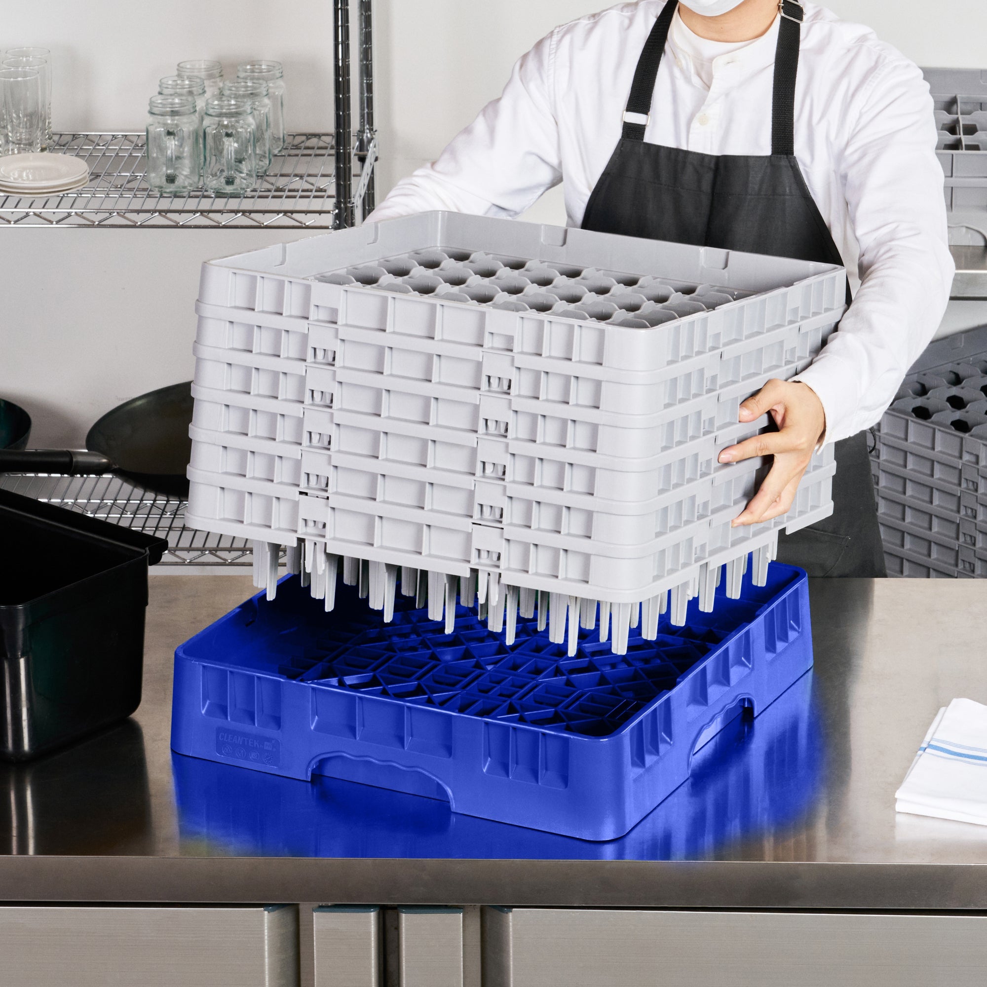 Clean Tek Professional Blue Glass Rack - 49 Compartments, 1 Full Drop and 5 Half Drop Extenders - 19 3/4" x 19 3/4" x 13 3/4" - 1 count box