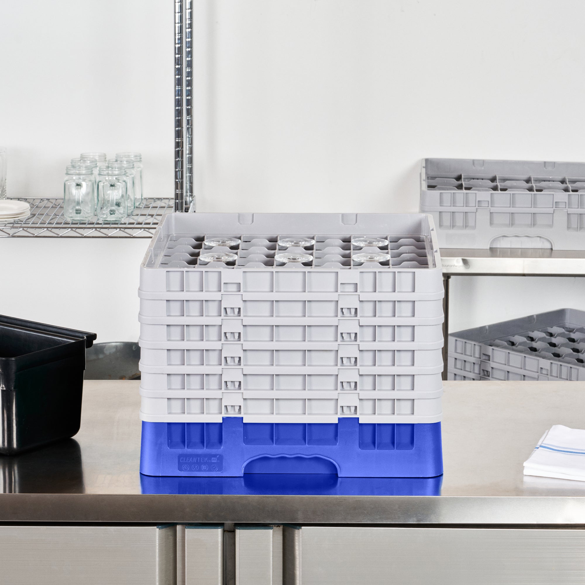 Clean Tek Professional Blue Glass Rack - 49 Compartments, 1 Full Drop and 5 Half Drop Extenders - 19 3/4" x 19 3/4" x 13 3/4" - 1 count box