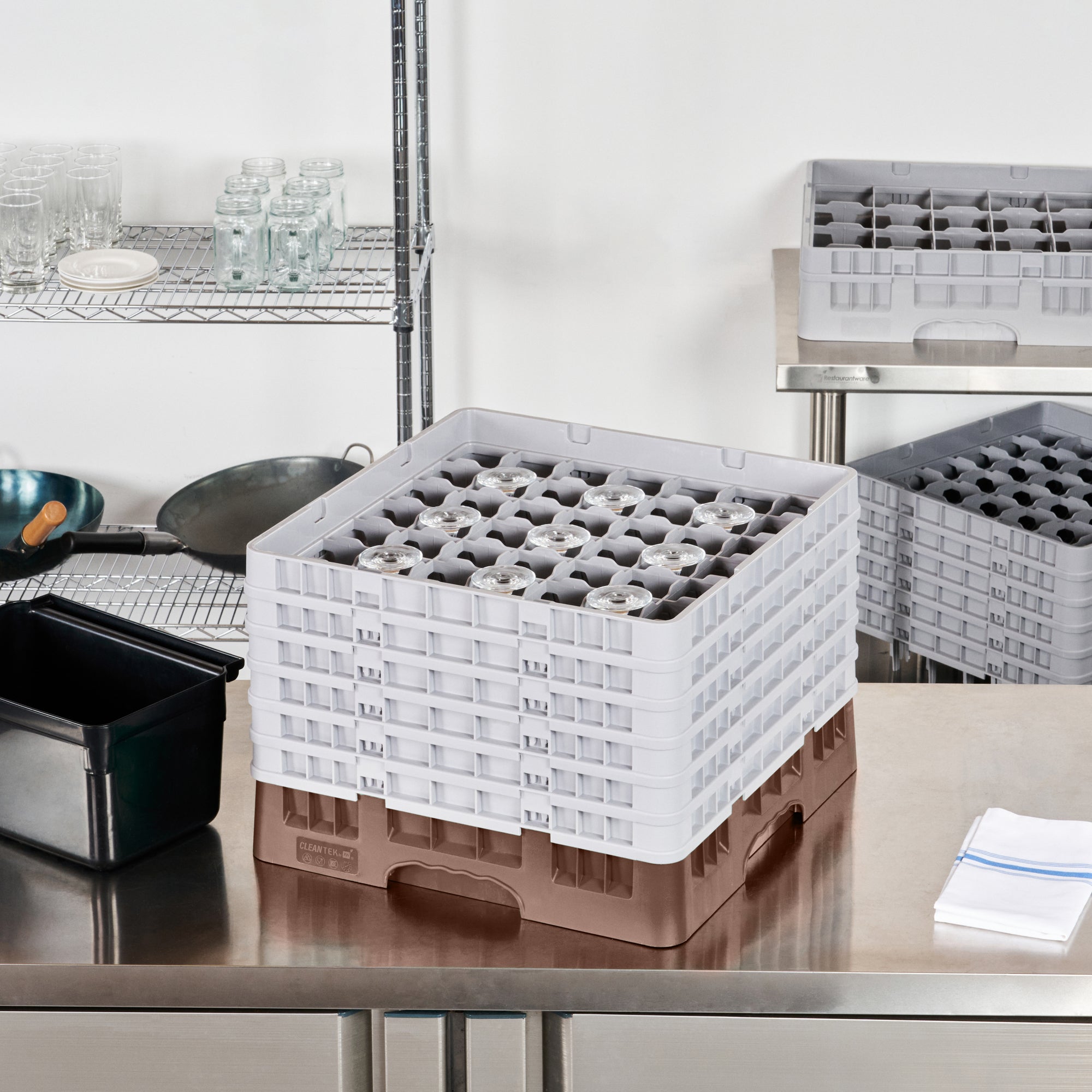 Clean Tek Professional Brown Glass Rack - 49 Compartments, 1 Full Drop and 5 Half Drop Extenders - 19 3/4" x 19 3/4" x 13 3/4" - 1 count box