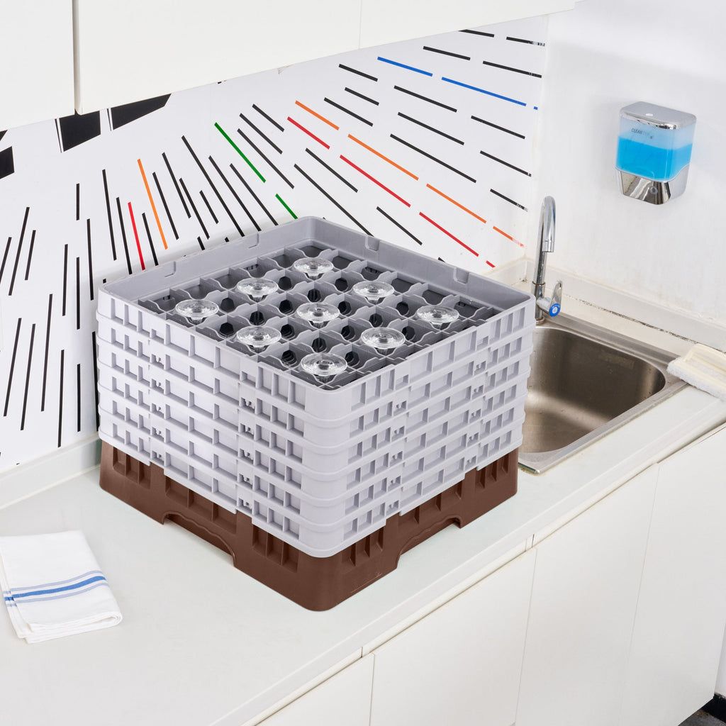 Clean Tek Professional Brown Glass Rack - 49 Compartments, 1 Full Drop and 5 Half Drop Extenders - 19 3/4" x 19 3/4" x 13 3/4" - 1 count box