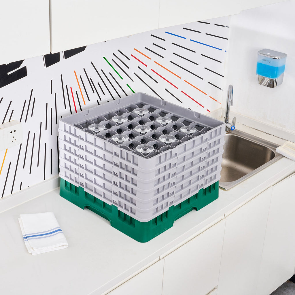 Clean Tek Professional Green Glass Rack - 49 Compartments, 1 Full Drop and 5 Half Drop Extenders - 19 3/4" x 19 3/4" x 13 3/4" - 1 count box
