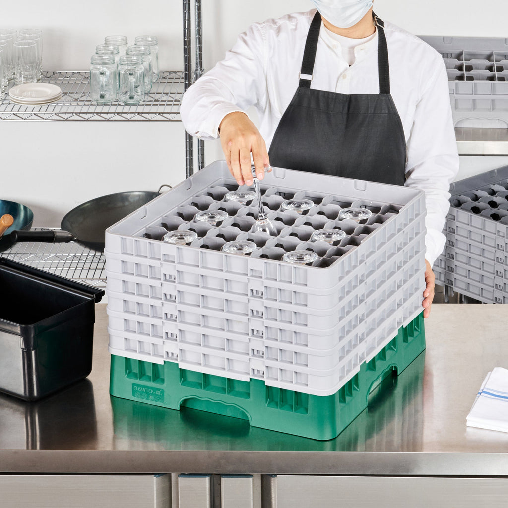 Clean Tek Professional Green Glass Rack - 49 Compartments, 1 Full Drop and 5 Half Drop Extenders - 19 3/4" x 19 3/4" x 13 3/4" - 1 count box