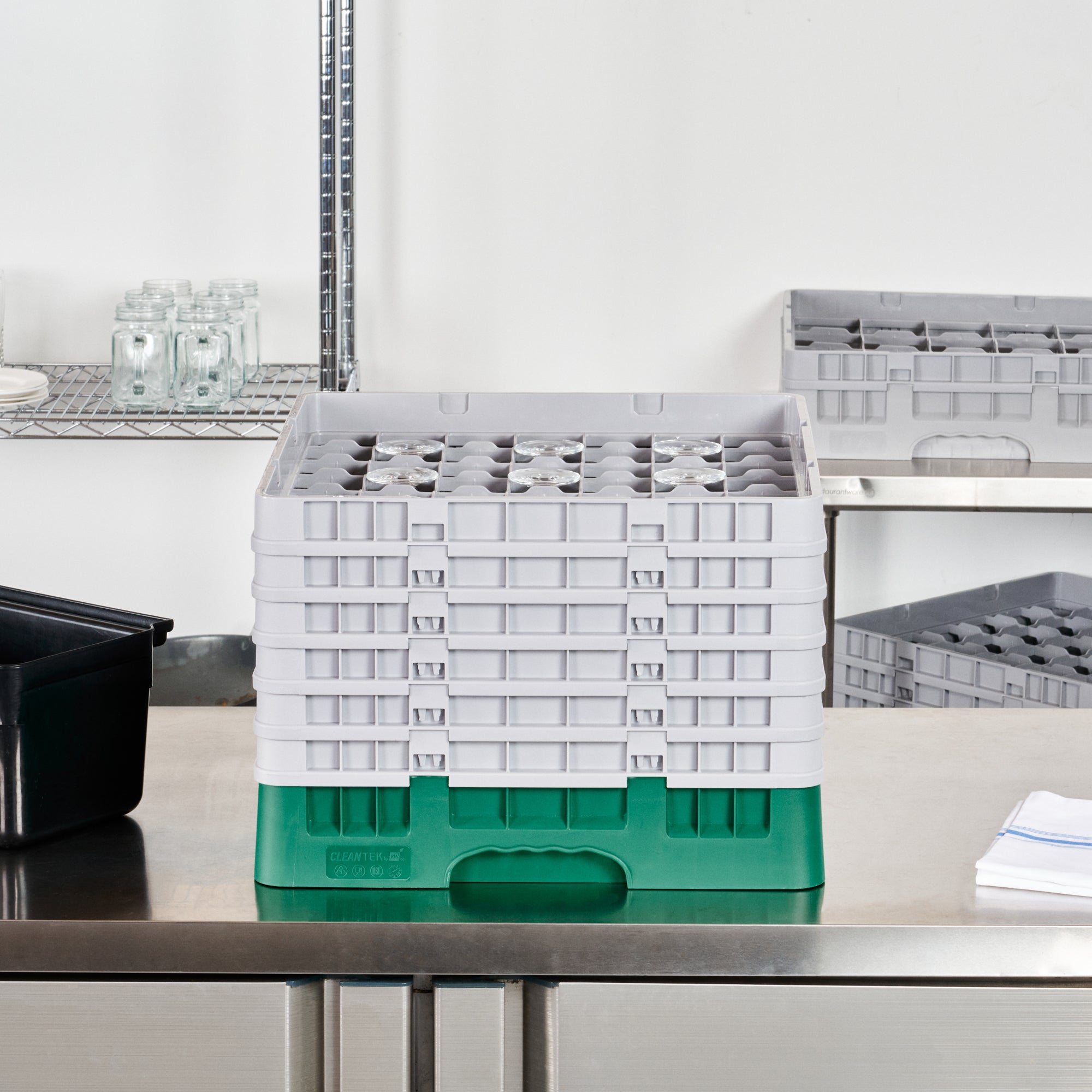 Clean Tek Professional Green Glass Rack - 49 Compartments, 1 Full Drop and 5 Half Drop Extenders - 19 3/4" x 19 3/4" x 13 3/4" - 1 count box