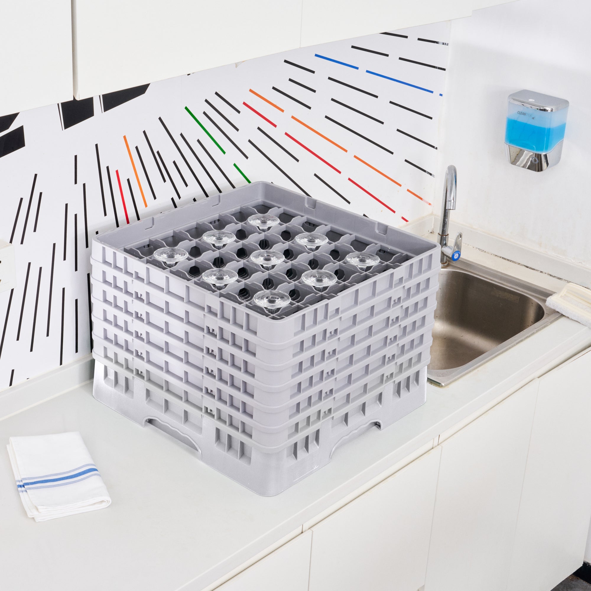 Clean Tek Professional Gray Glass Rack - 49 Compartments, 1 Full Drop and 5 Half Drop Extenders - 19 3/4" x 19 3/4" x 13 3/4" - 1 count box