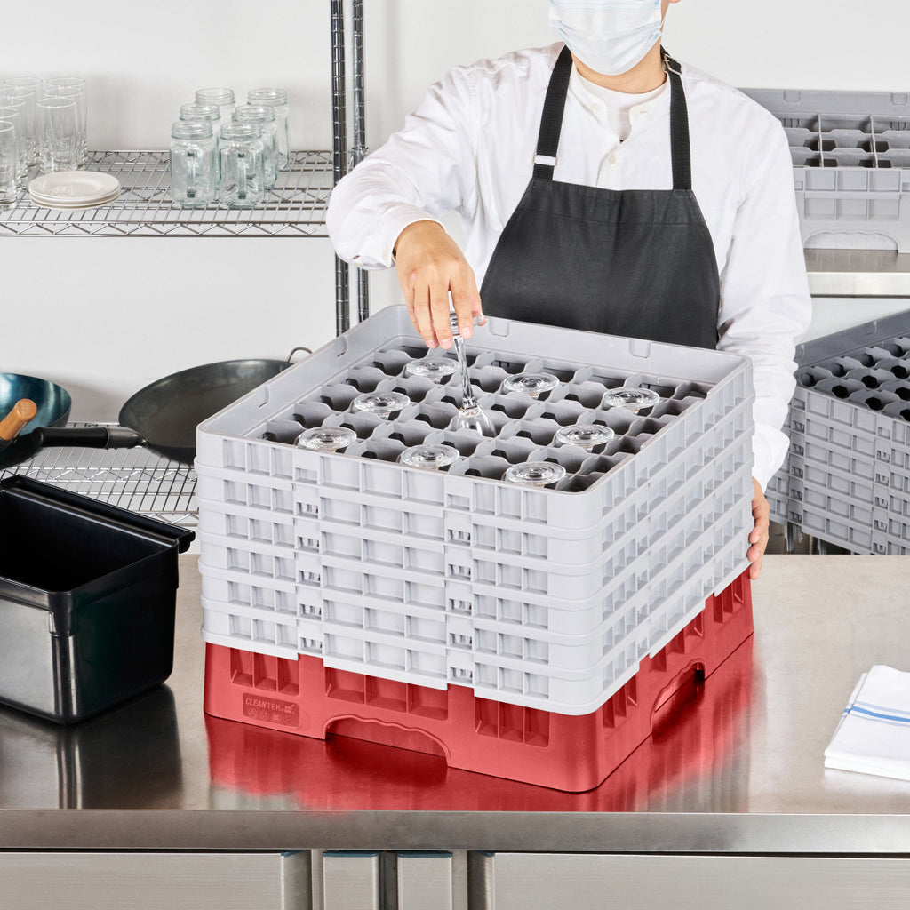 Clean Tek Professional Red Glass Rack - 49 Compartments, 1 Full Drop and 5 Half Drop Extenders - 19 3/4" x 19 3/4" x 13 3/4" - 1 count box