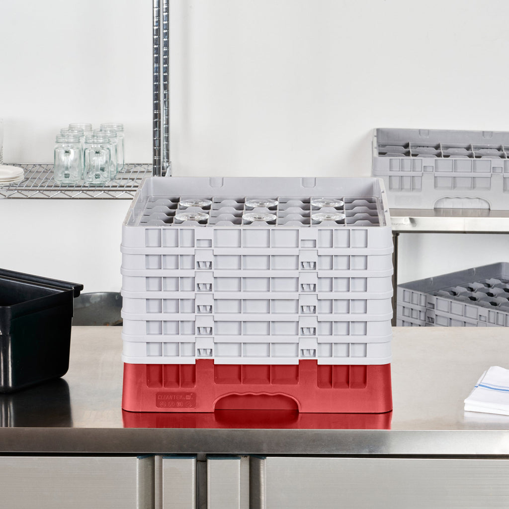 Clean Tek Professional Red Glass Rack - 49 Compartments, 1 Full Drop and 5 Half Drop Extenders - 19 3/4" x 19 3/4" x 13 3/4" - 1 count box