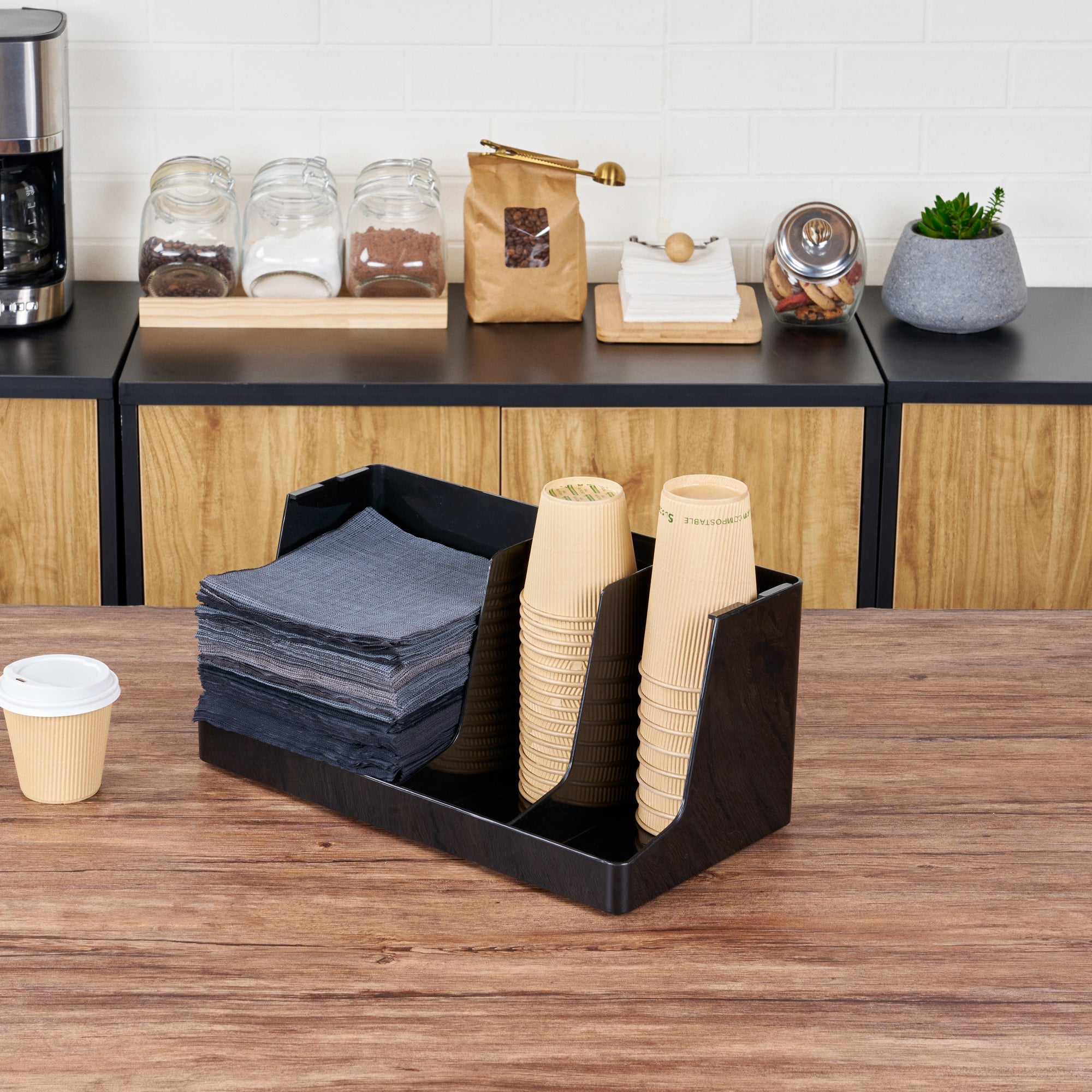 Restpresso Black Plastic Coffee Cup / Lid / Napkin Organizer - 3 Section - 16 1/4" x 8 1/4" x 7" - 1 count box