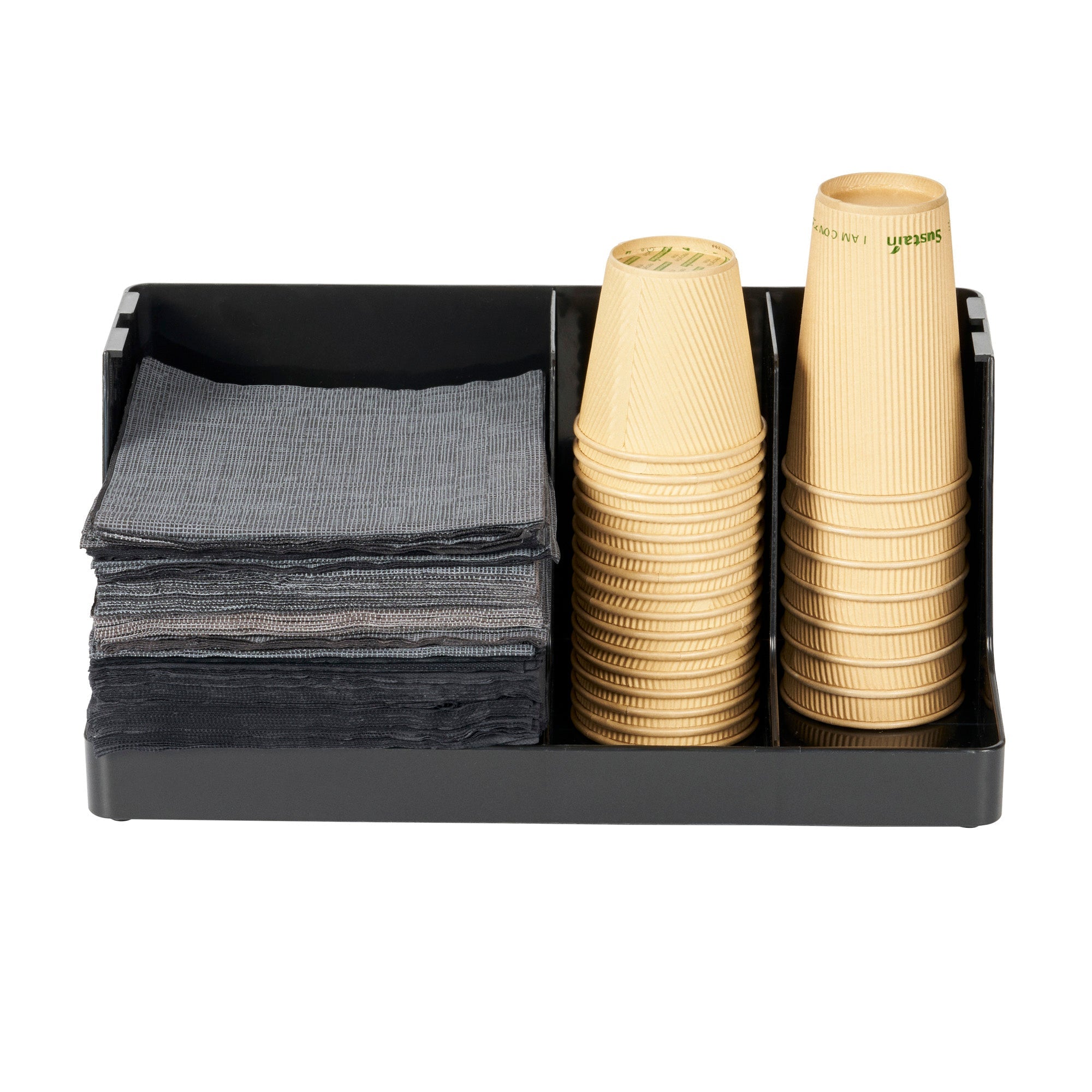 Restpresso Black Plastic Coffee Cup / Lid / Napkin Organizer - 3 Section - 16 1/4" x 8 1/4" x 7" - 1 count box