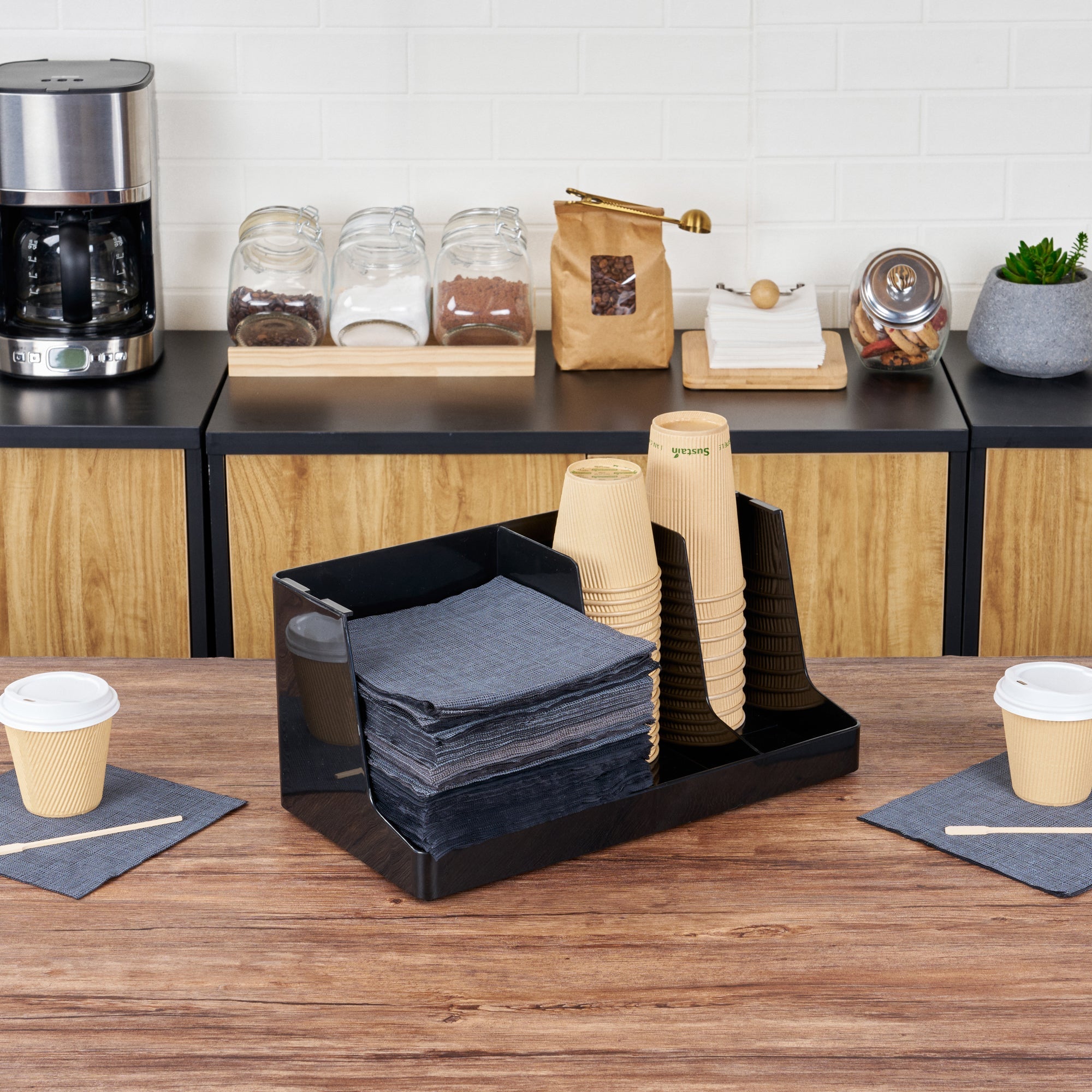 Restpresso Black Plastic Coffee Cup / Lid / Napkin Organizer - 3 Section - 16 1/4" x 8 1/4" x 7" - 1 count box