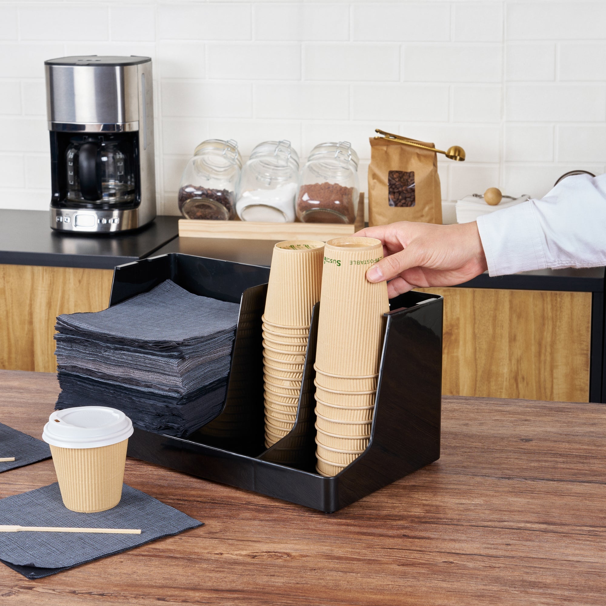 Restpresso Black Plastic Coffee Cup / Lid / Napkin Organizer - 3 Section - 16 1/4" x 8 1/4" x 7" - 1 count box