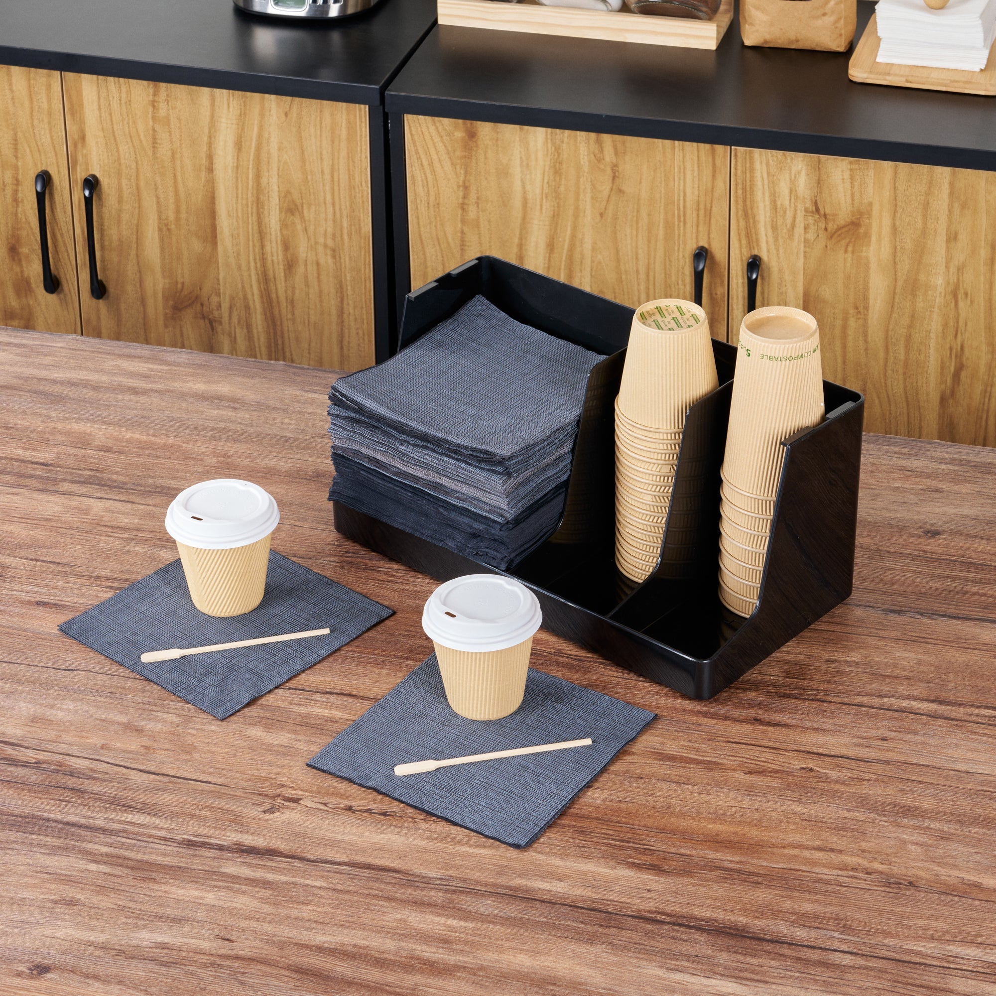 Restpresso Black Plastic Coffee Cup / Lid / Napkin Organizer - 3 Section - 16 1/4" x 8 1/4" x 7" - 1 count box