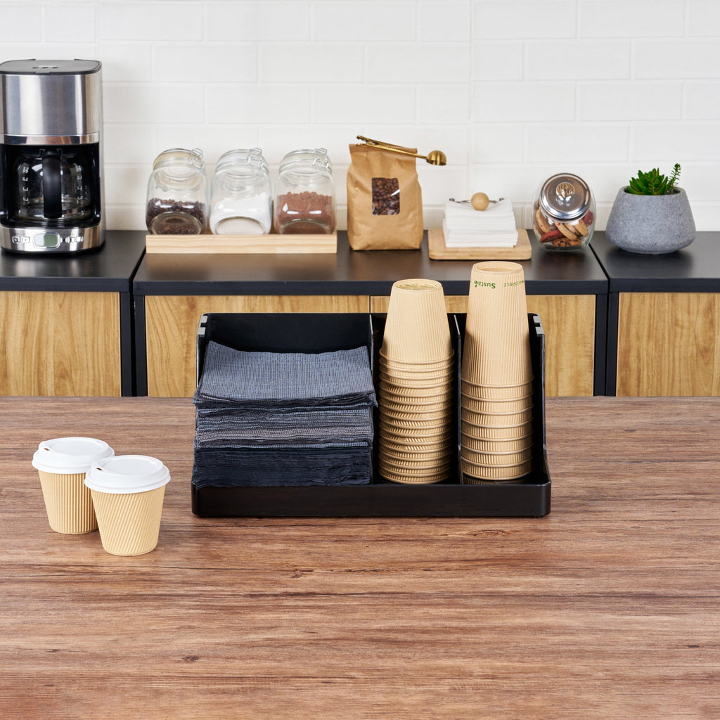 Restpresso Black Plastic Coffee Cup / Lid / Napkin Organizer - 3 Section - 16 1/4" x 8 1/4" x 7" - 1 count box