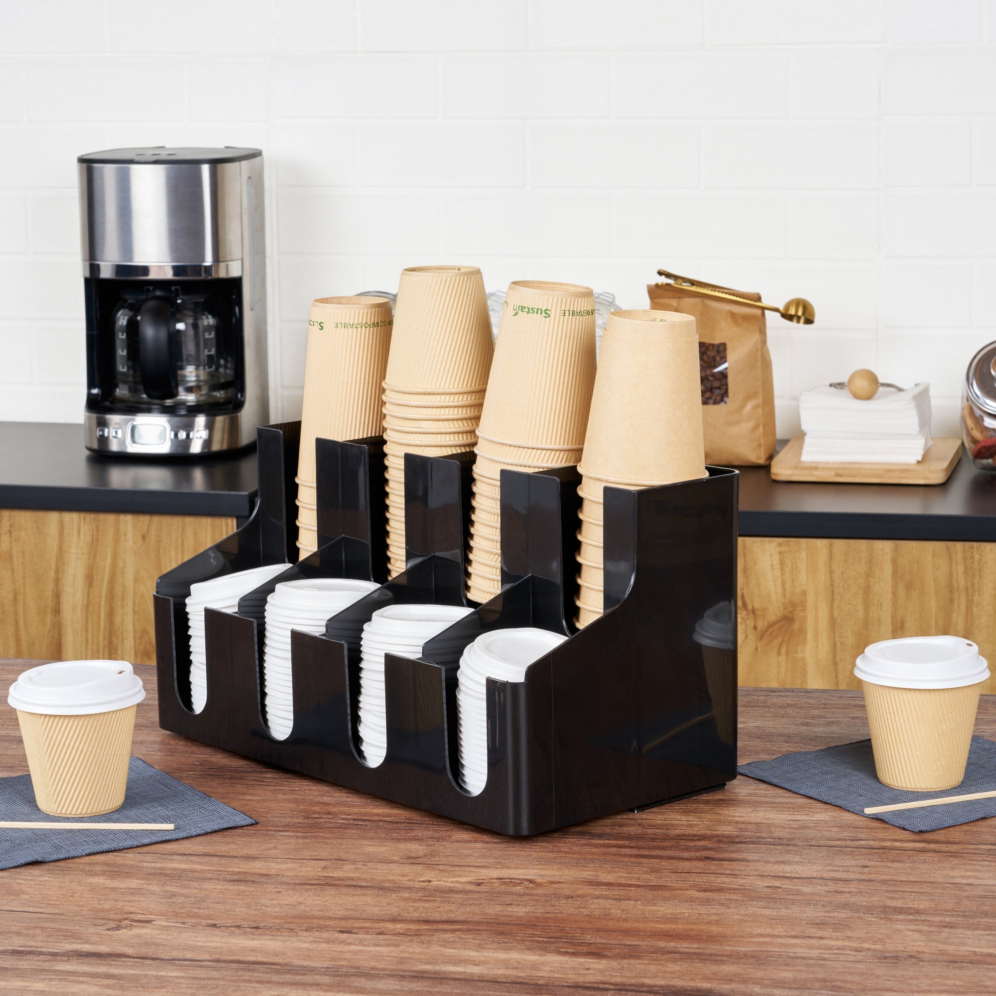 Restpresso Black Plastic Coffee Cup / Lid Organizer - 8 Section - 16 1/4" x 8 1/4" x 8 3/4" - 1 count box