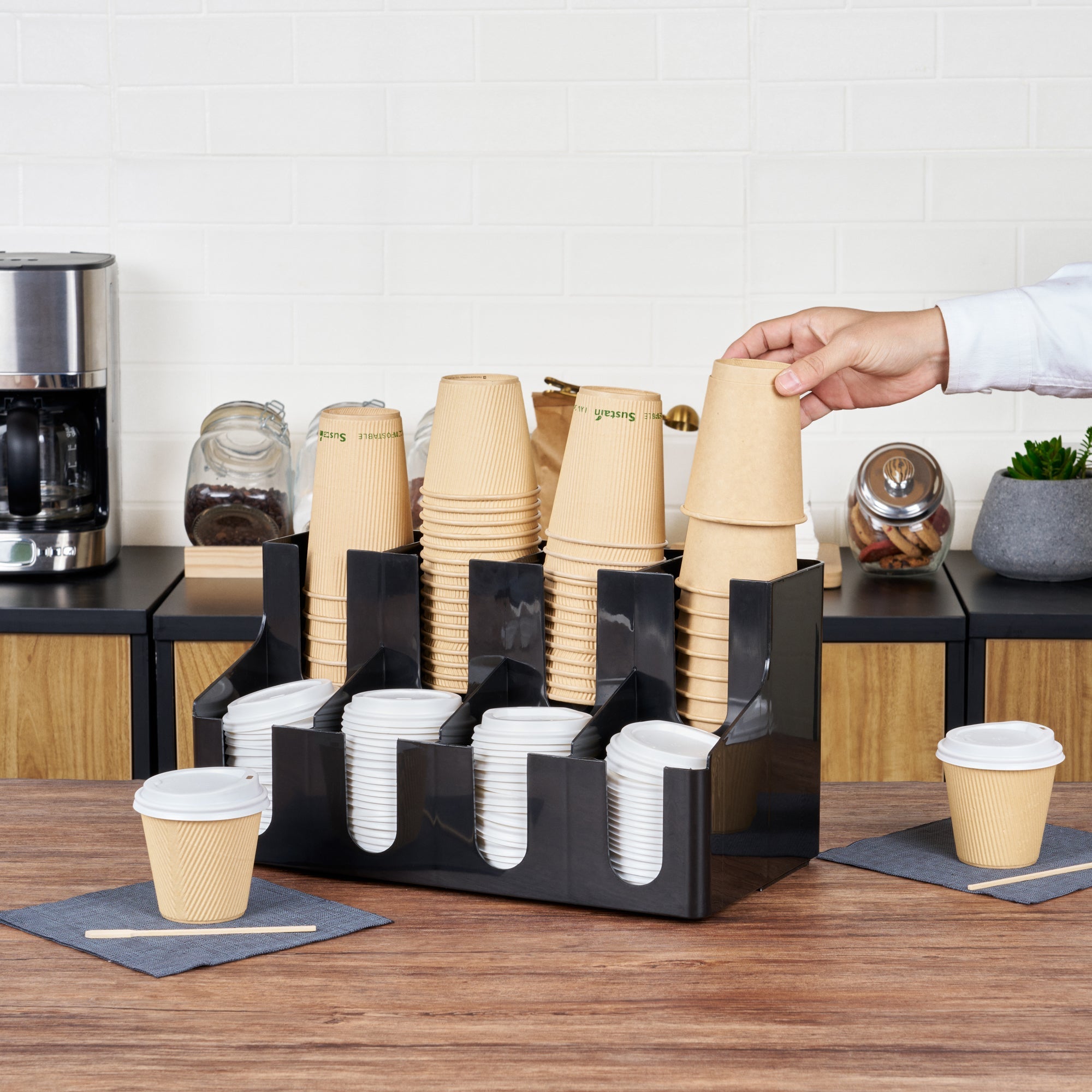 Restpresso Black Plastic Coffee Cup / Lid Organizer - 8 Section - 16 1/4" x 8 1/4" x 8 3/4" - 1 count box