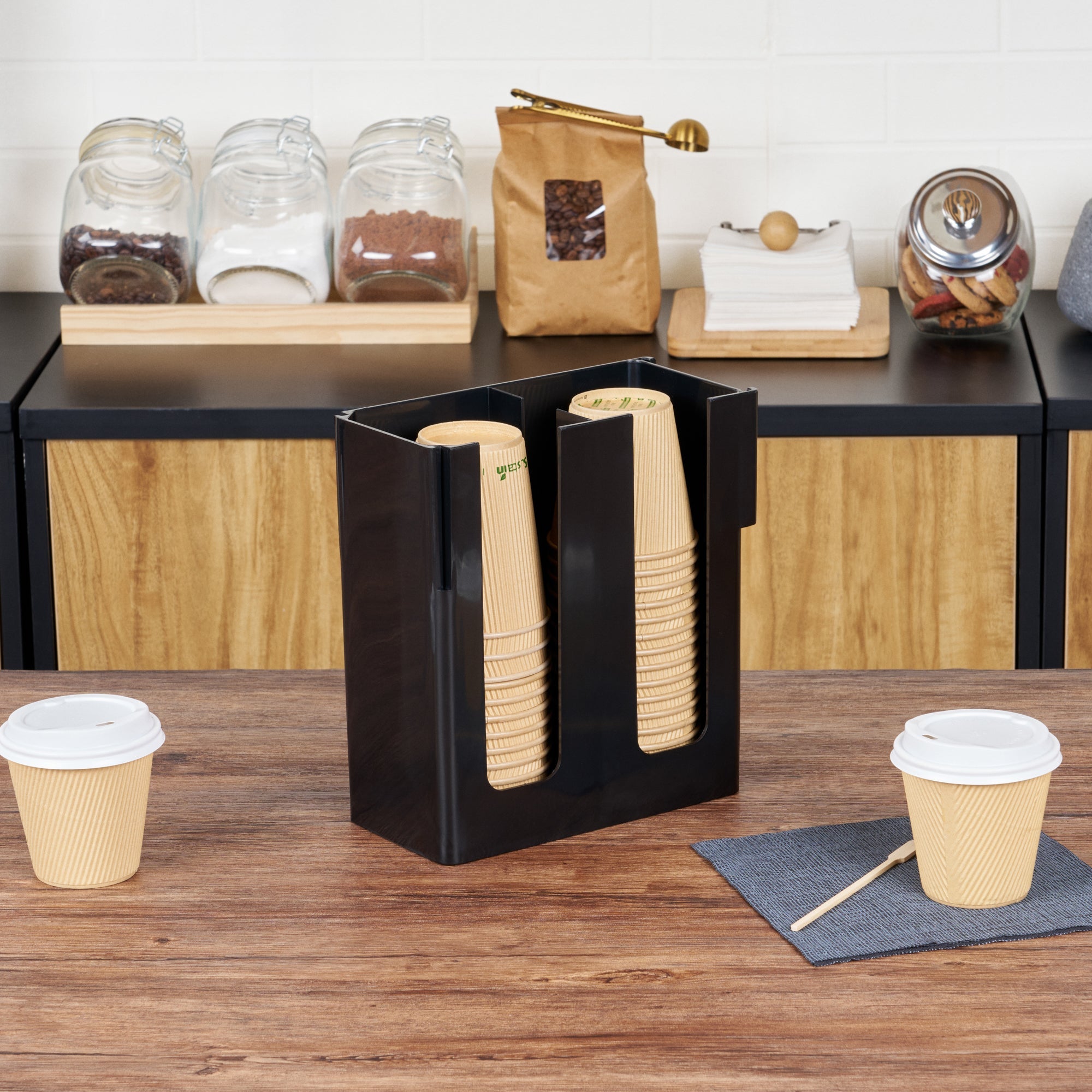 Restpresso Black Plastic Coffee Cup / Lid Organizer - 2 Section - 9" x 4 1/4" x 9 1/2" - 1 count box