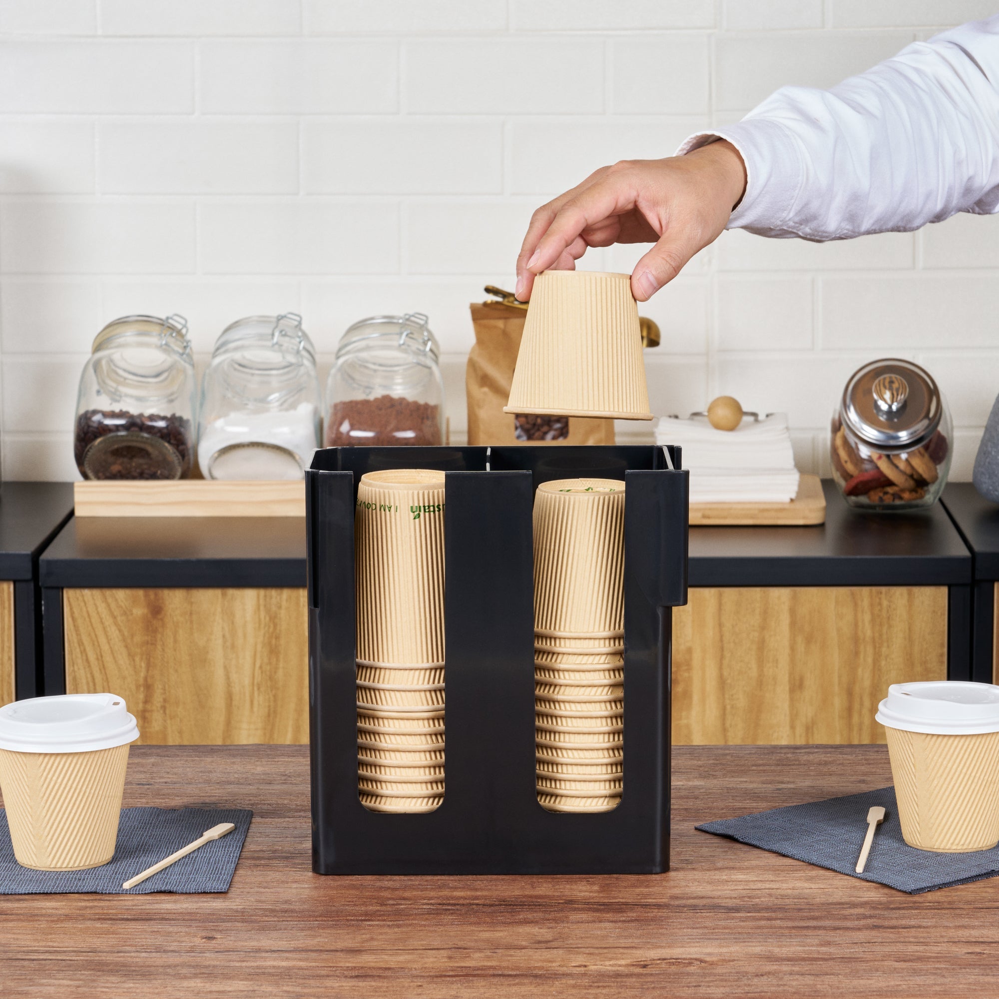 Restpresso Black Plastic Coffee Cup / Lid Organizer - 2 Section - 9" x 4 1/4" x 9 1/2" - 1 count box