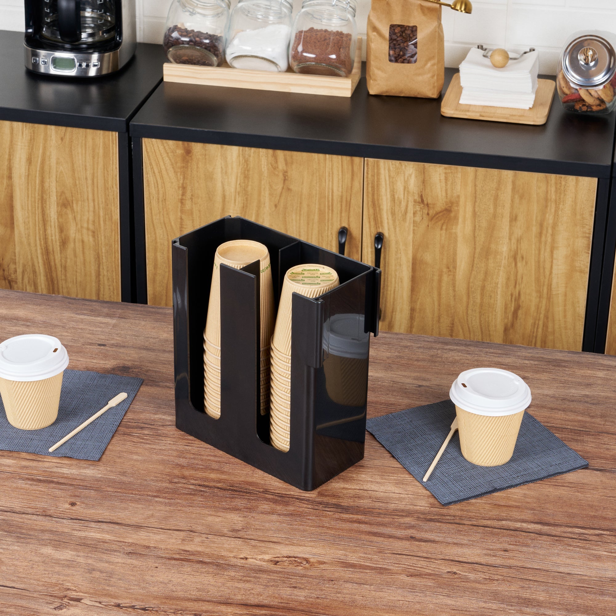 Restpresso Black Plastic Coffee Cup / Lid Organizer - 2 Section - 9" x 4 1/4" x 9 1/2" - 1 count box