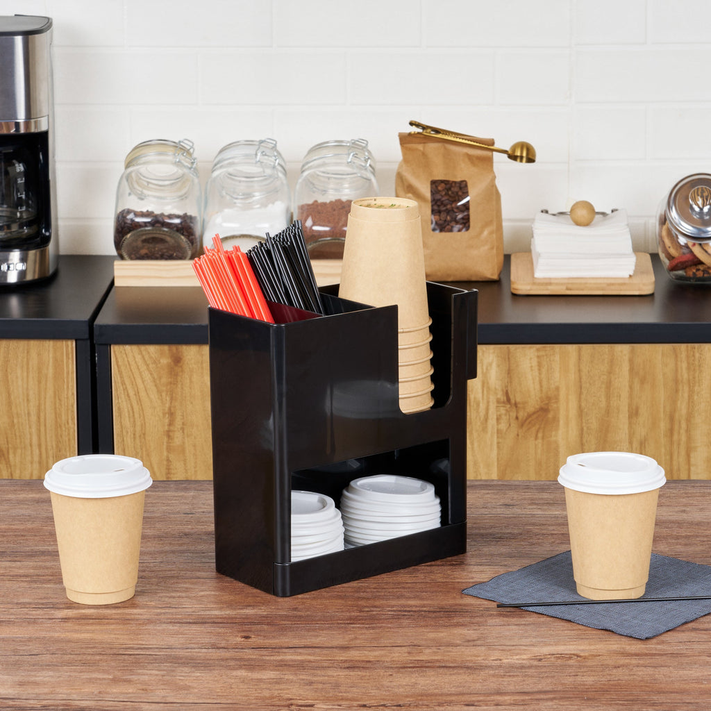 Restpresso Black Plastic Coffee Cup / Lid / Straw Organizer - 4 Section - 9" x 4 1/4" x 9 1/2" - 1 count box