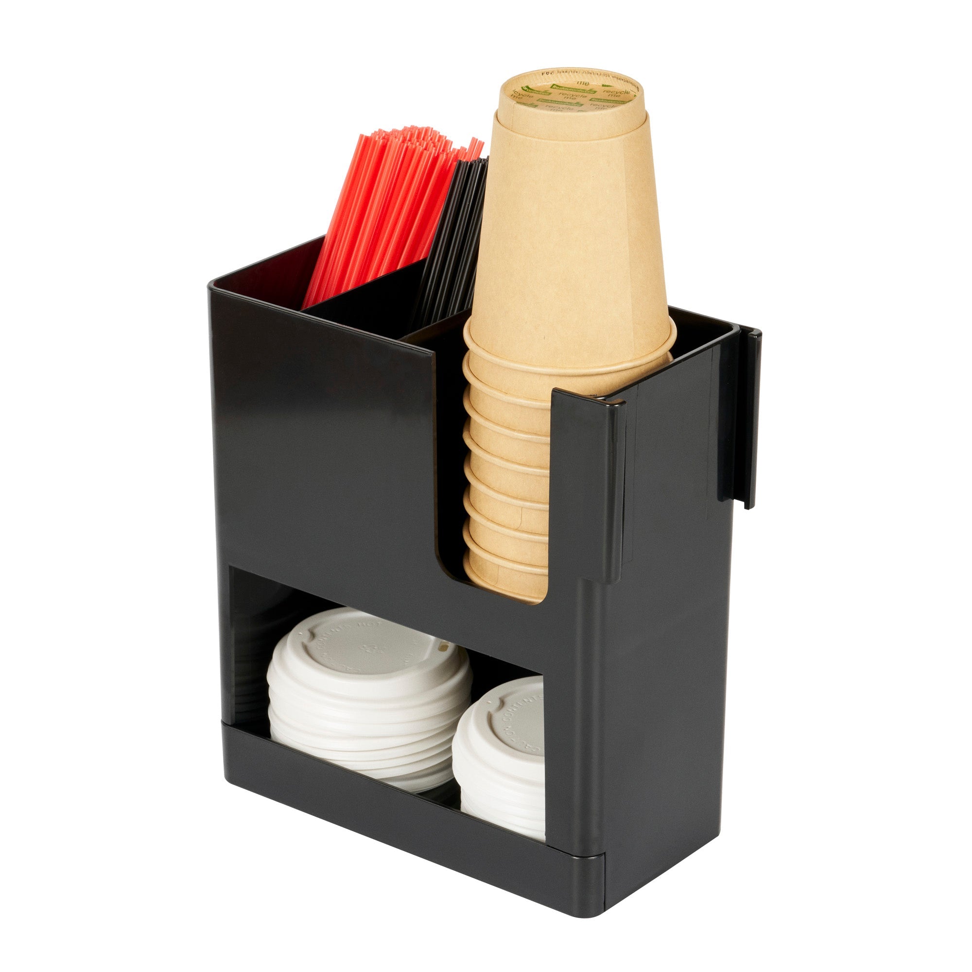 Restpresso Black Plastic Coffee Cup / Lid / Straw Organizer - 4 Section - 9" x 4 1/4" x 9 1/2" - 1 count box