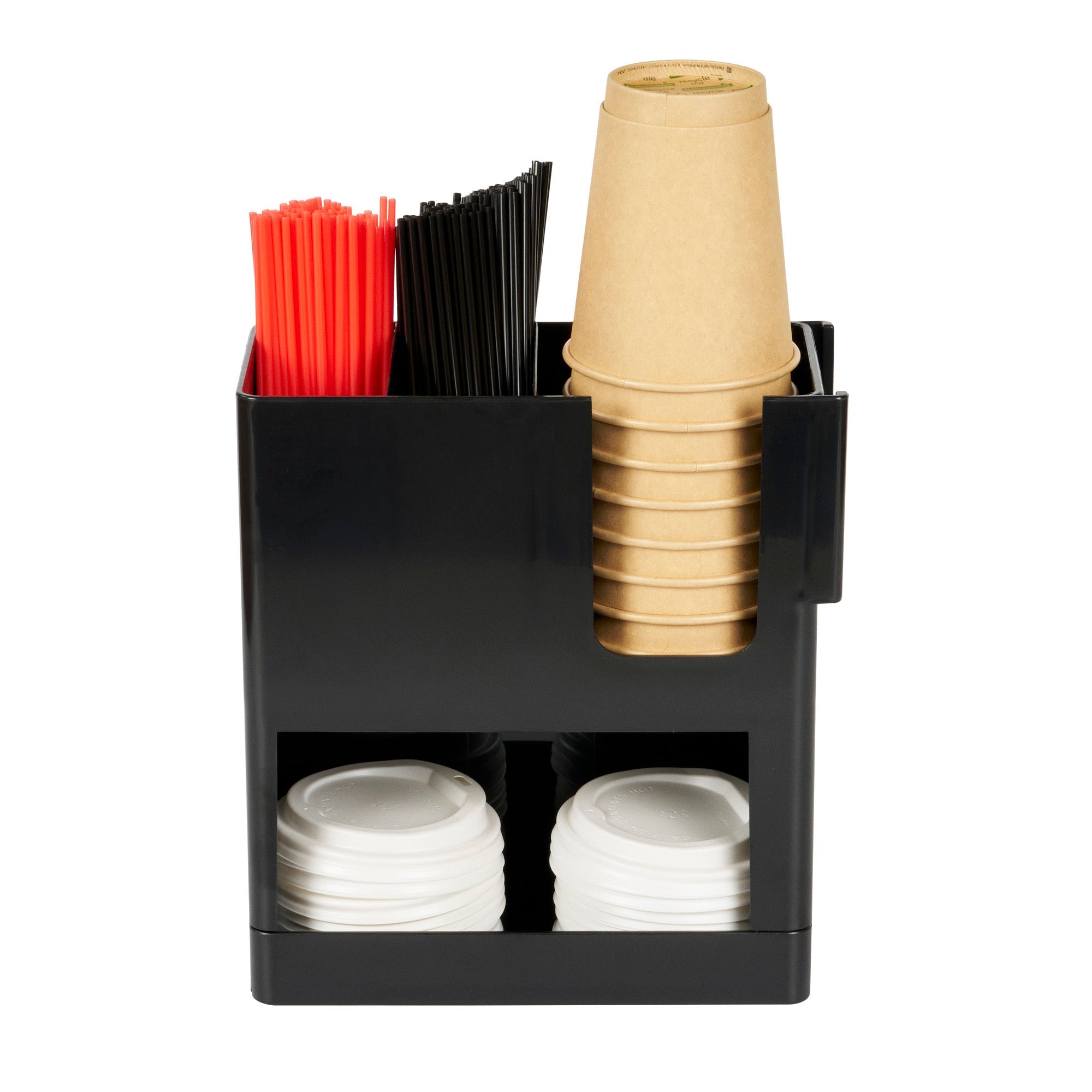 Restpresso Black Plastic Coffee Cup / Lid / Straw Organizer - 4 Section - 9" x 4 1/4" x 9 1/2" - 1 count box