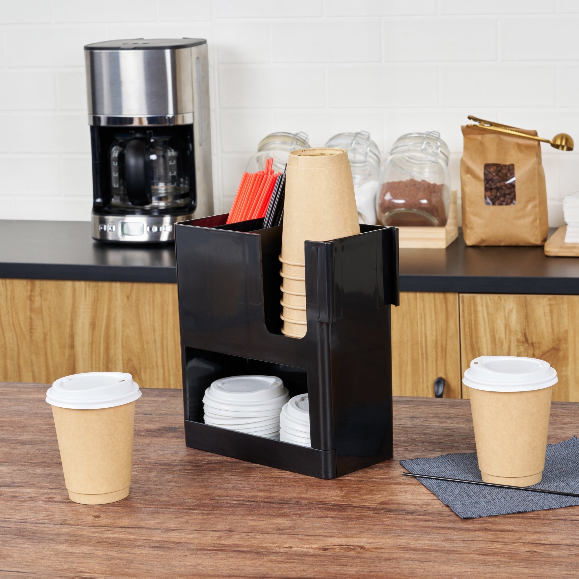 Restpresso Black Plastic Coffee Cup / Lid / Straw Organizer - 4 Section - 9" x 4 1/4" x 9 1/2" - 1 count box