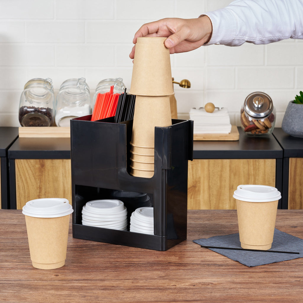 Restpresso Black Plastic Coffee Cup / Lid / Straw Organizer - 4 Section - 9" x 4 1/4" x 9 1/2" - 1 count box