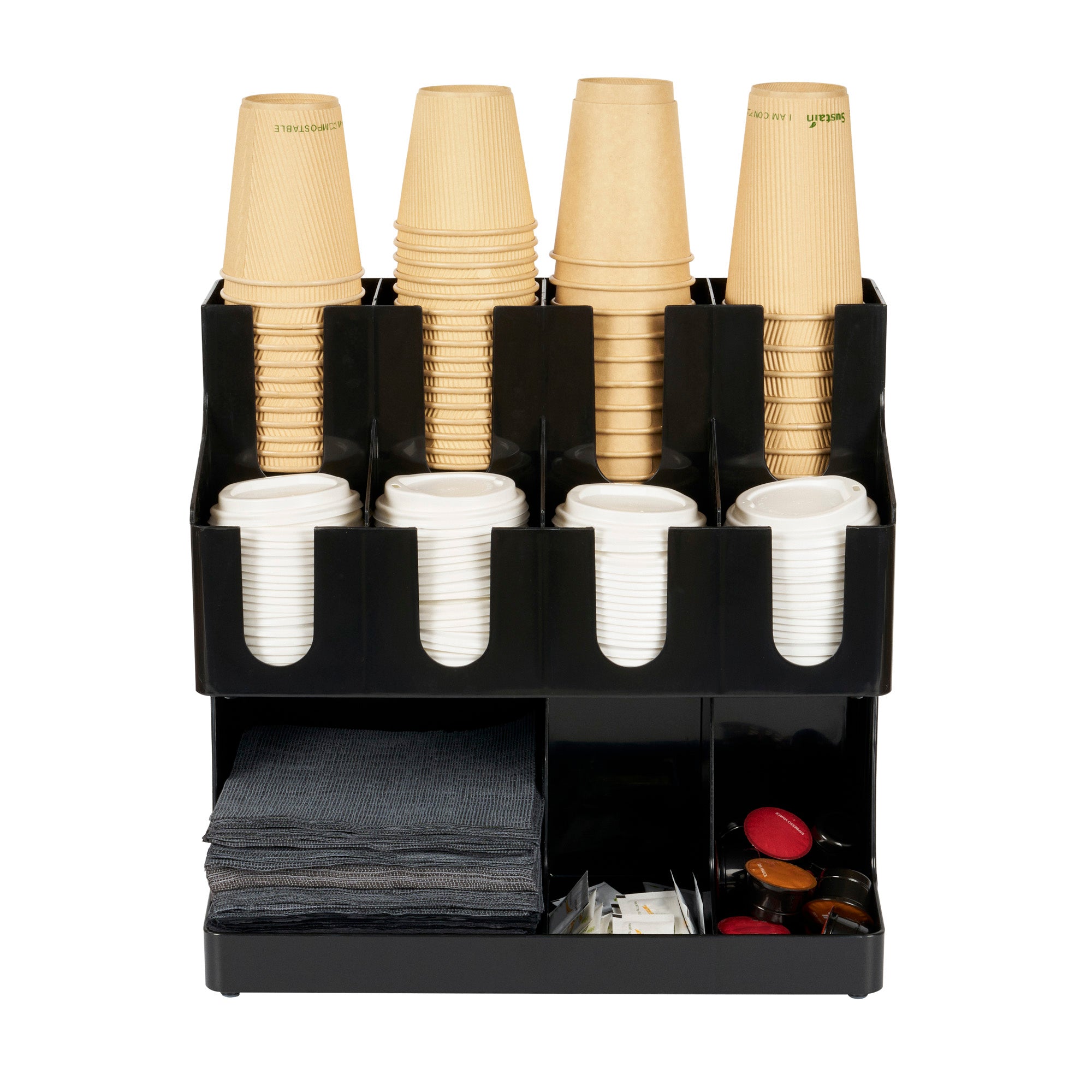 Restpresso Black Plastic Coffee Cup / Lid / Napkin Organizer - 11 Section - 16 1/4" x 8 1/4" x 15 3/4" - 1 count box