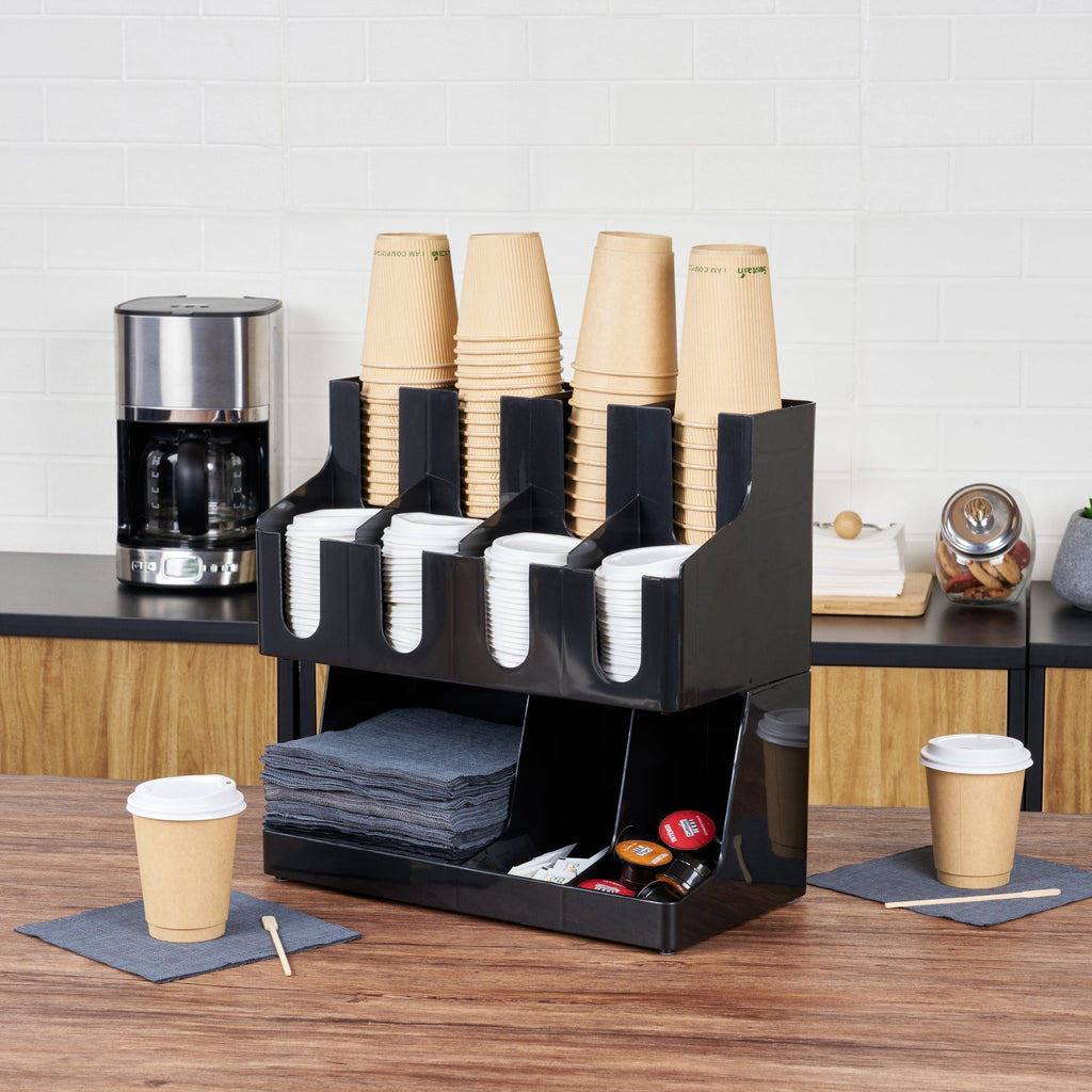Restpresso Black Plastic Coffee Cup / Lid / Napkin Organizer - 11 Section - 16 1/4" x 8 1/4" x 15 3/4" - 1 count box