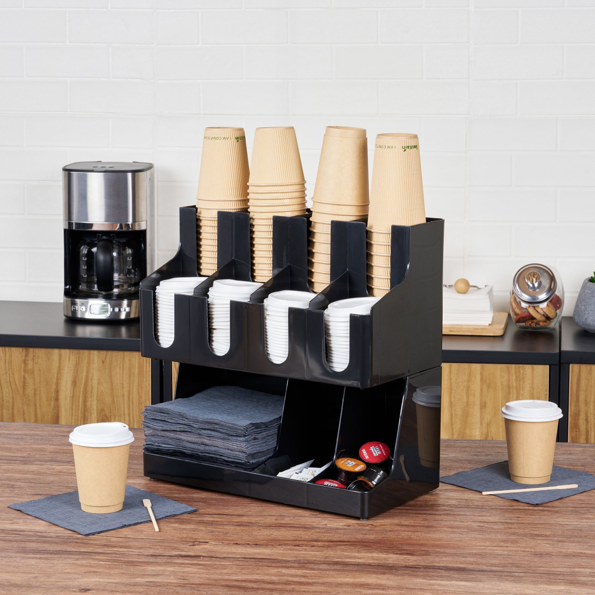 Restpresso Black Plastic Coffee Cup / Lid / Napkin Organizer - 11 Section - 16 1/4" x 8 1/4" x 15 3/4" - 1 count box