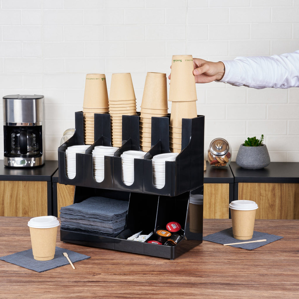 Restpresso Black Plastic Coffee Cup / Lid / Napkin Organizer - 11 Section - 16 1/4" x 8 1/4" x 15 3/4" - 1 count box
