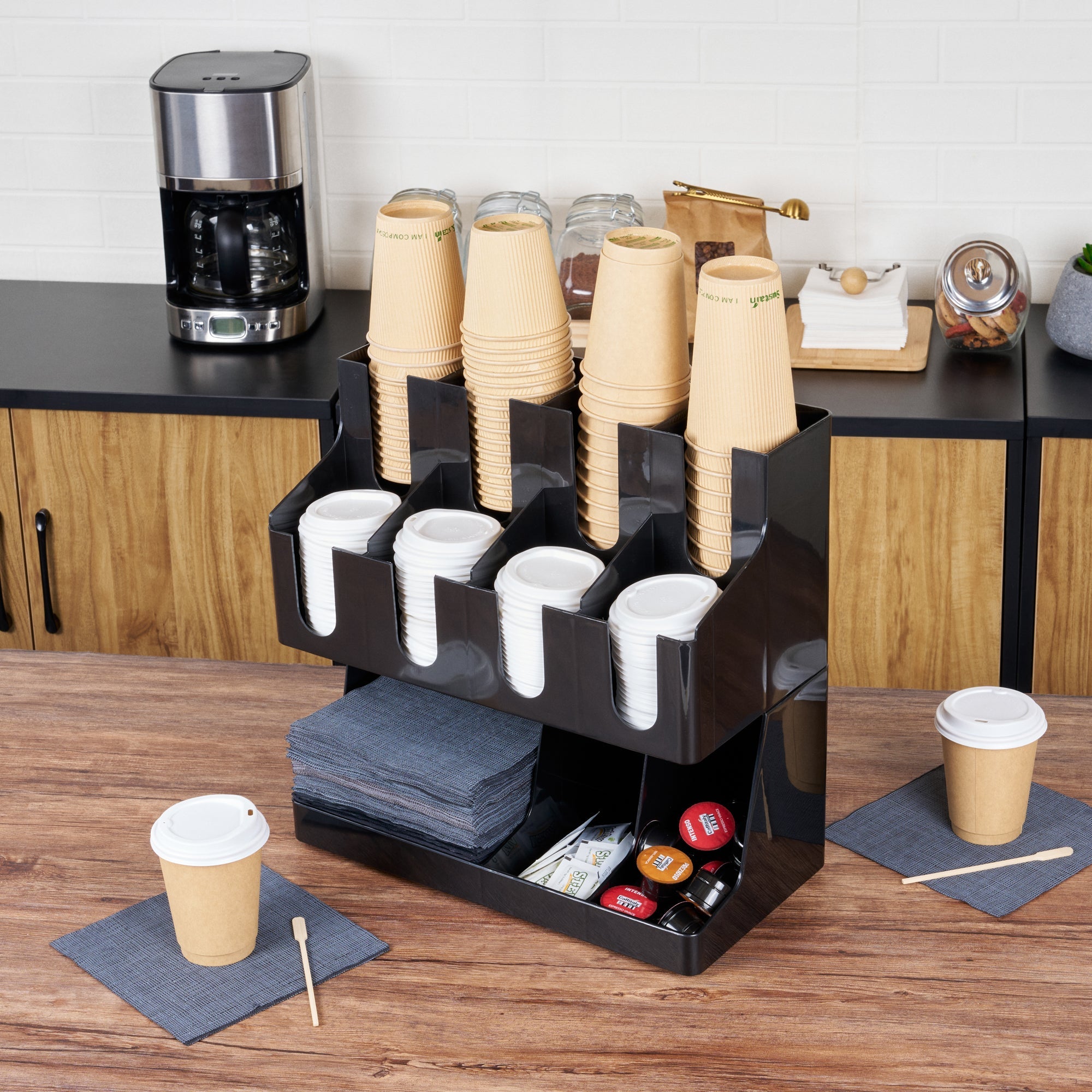 Restpresso Black Plastic Coffee Cup / Lid / Napkin Organizer - 11 Section - 16 1/4" x 8 1/4" x 15 3/4" - 1 count box