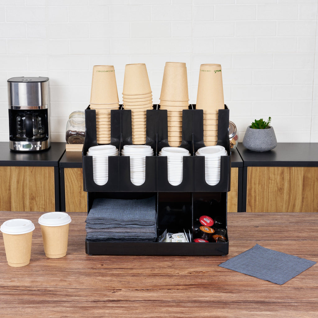 Restpresso Black Plastic Coffee Cup / Lid / Napkin Organizer - 11 Section - 16 1/4" x 8 1/4" x 15 3/4" - 1 count box