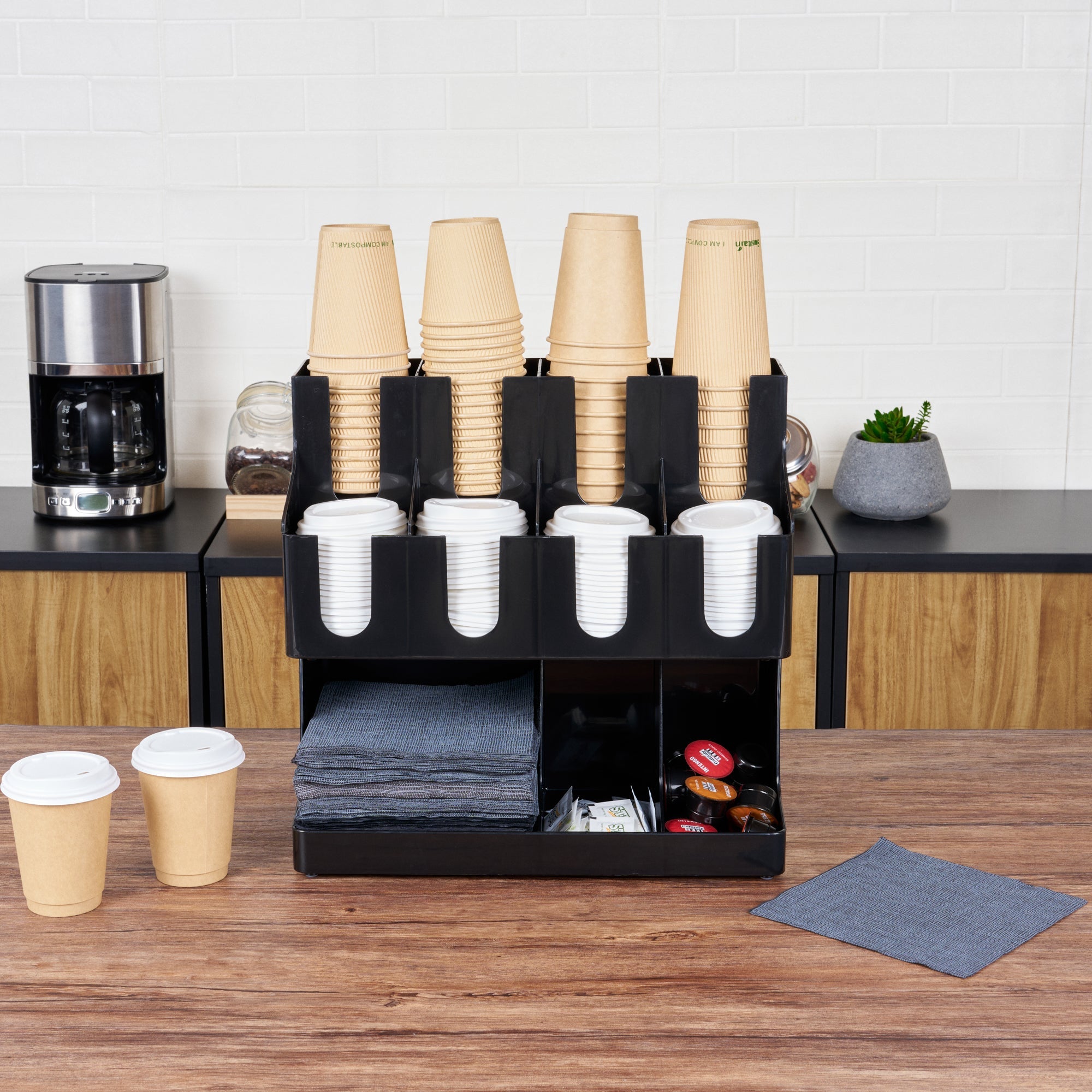 Restpresso Black Plastic Coffee Cup / Lid / Napkin Organizer - 11 Section - 16 1/4" x 8 1/4" x 15 3/4" - 1 count box