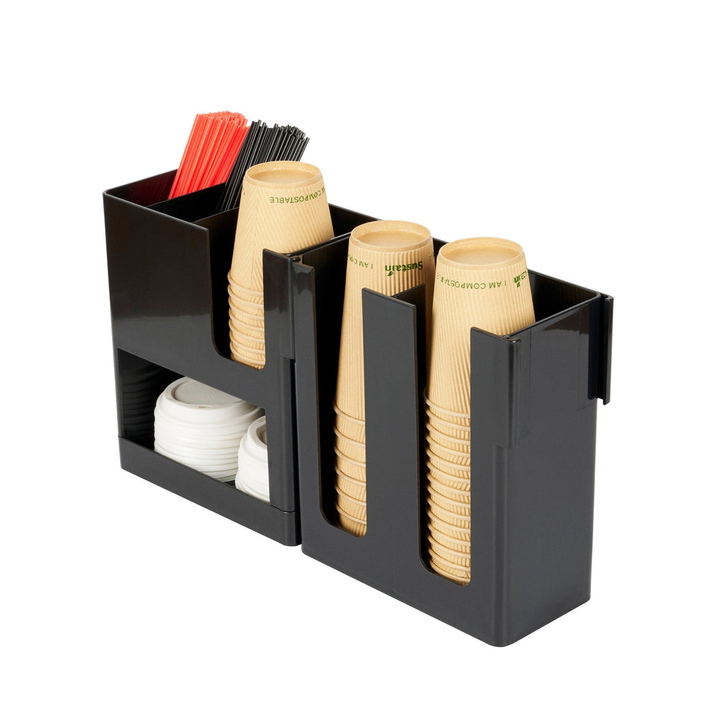 Restpresso Black Plastic Coffee Cup / Lid / Napkin Organizer - 6 Section - 17 1/4" x 4 1/4" x 9 3/4" - 1 count box