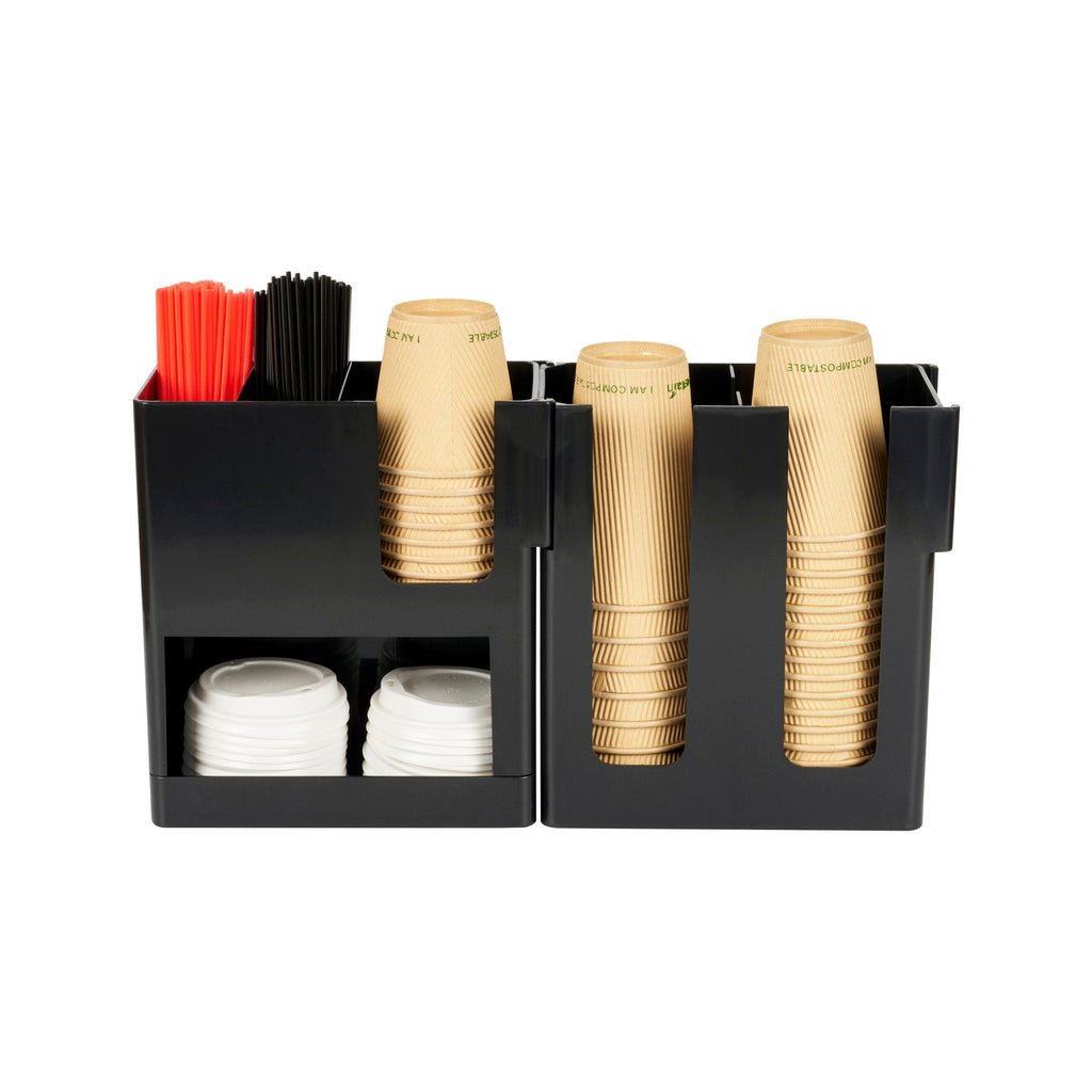 Restpresso Black Plastic Coffee Cup / Lid / Napkin Organizer - 6 Section - 17 1/4" x 4 1/4" x 9 3/4" - 1 count box