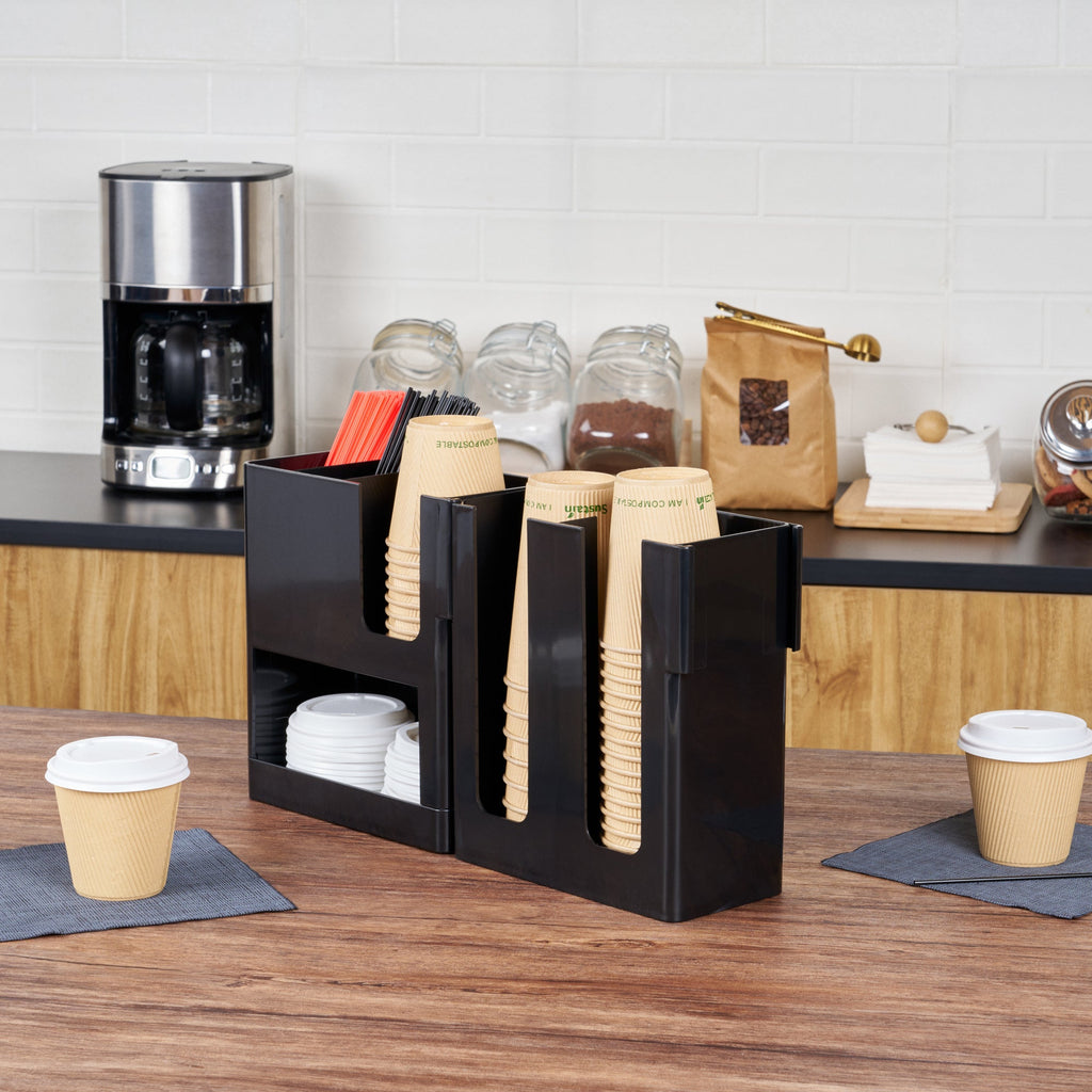 Restpresso Black Plastic Coffee Cup / Lid / Napkin Organizer - 6 Section - 17 1/4" x 4 1/4" x 9 3/4" - 1 count box