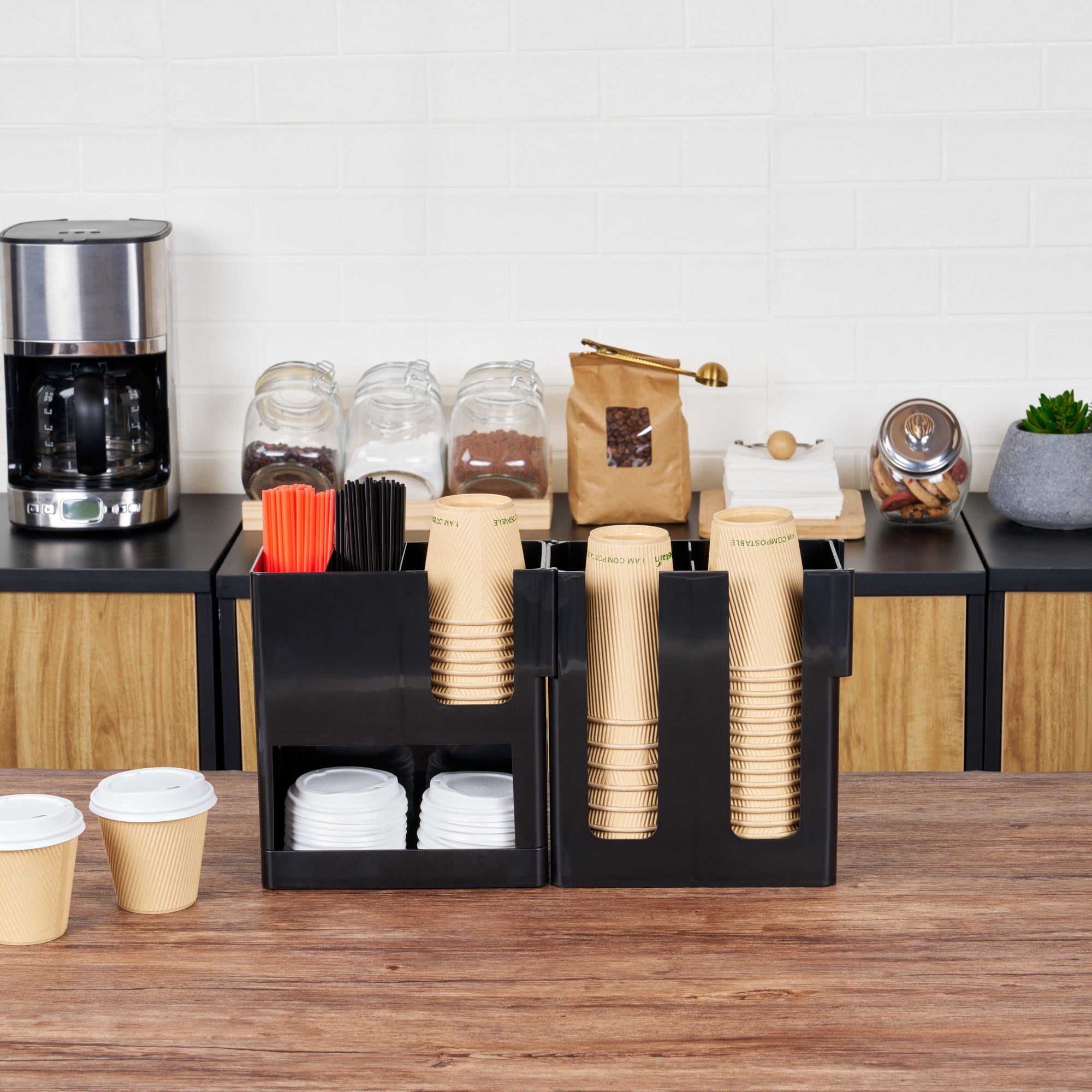 Restpresso Black Plastic Coffee Cup / Lid / Napkin Organizer - 6 Section - 17 1/4" x 4 1/4" x 9 3/4" - 1 count box