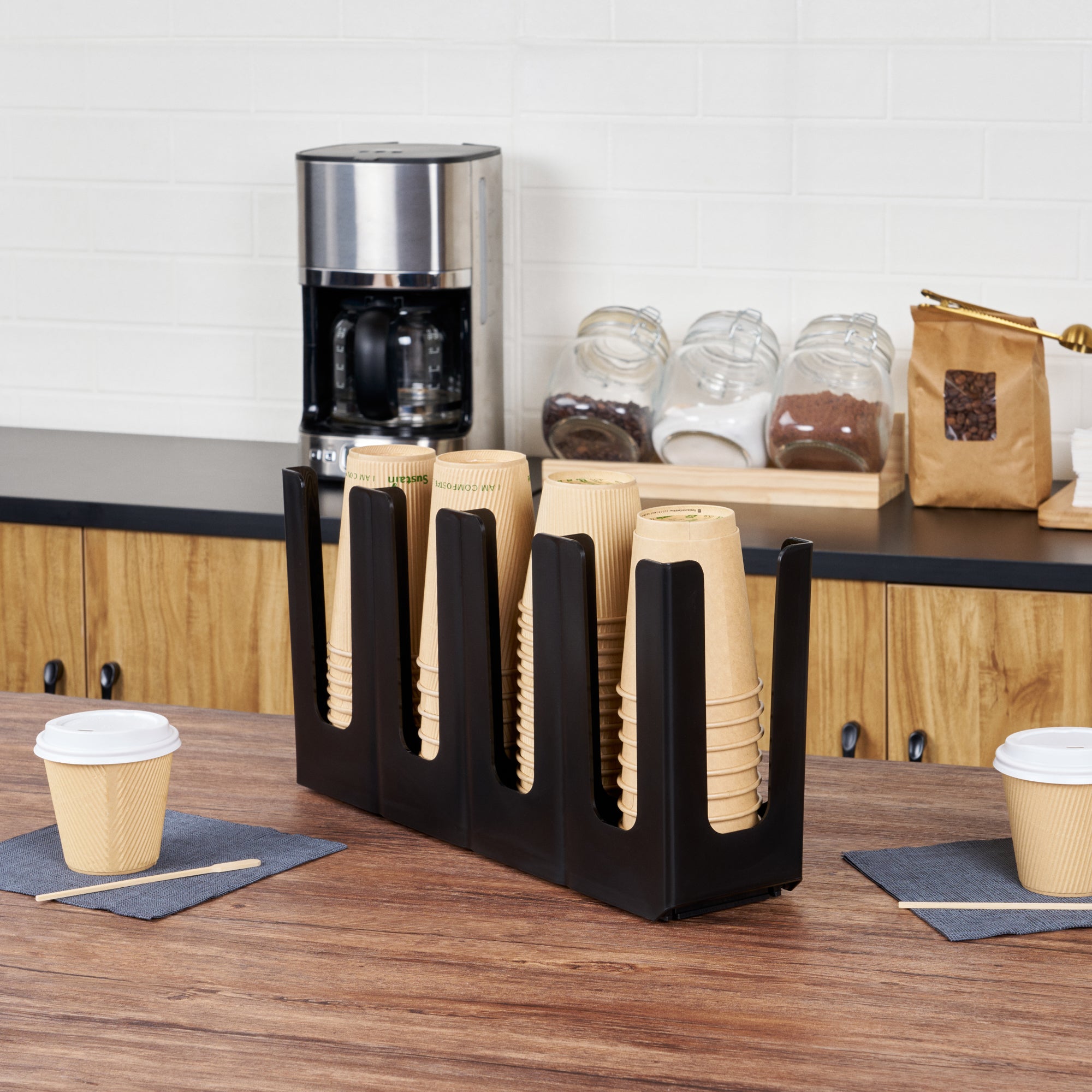 Restpresso Black Plastic Coffee Cup / Lid Organizer - 4 Section, Adjustable - 17 1/2" x 4 1/4" x 8 1/4" - 1 count box